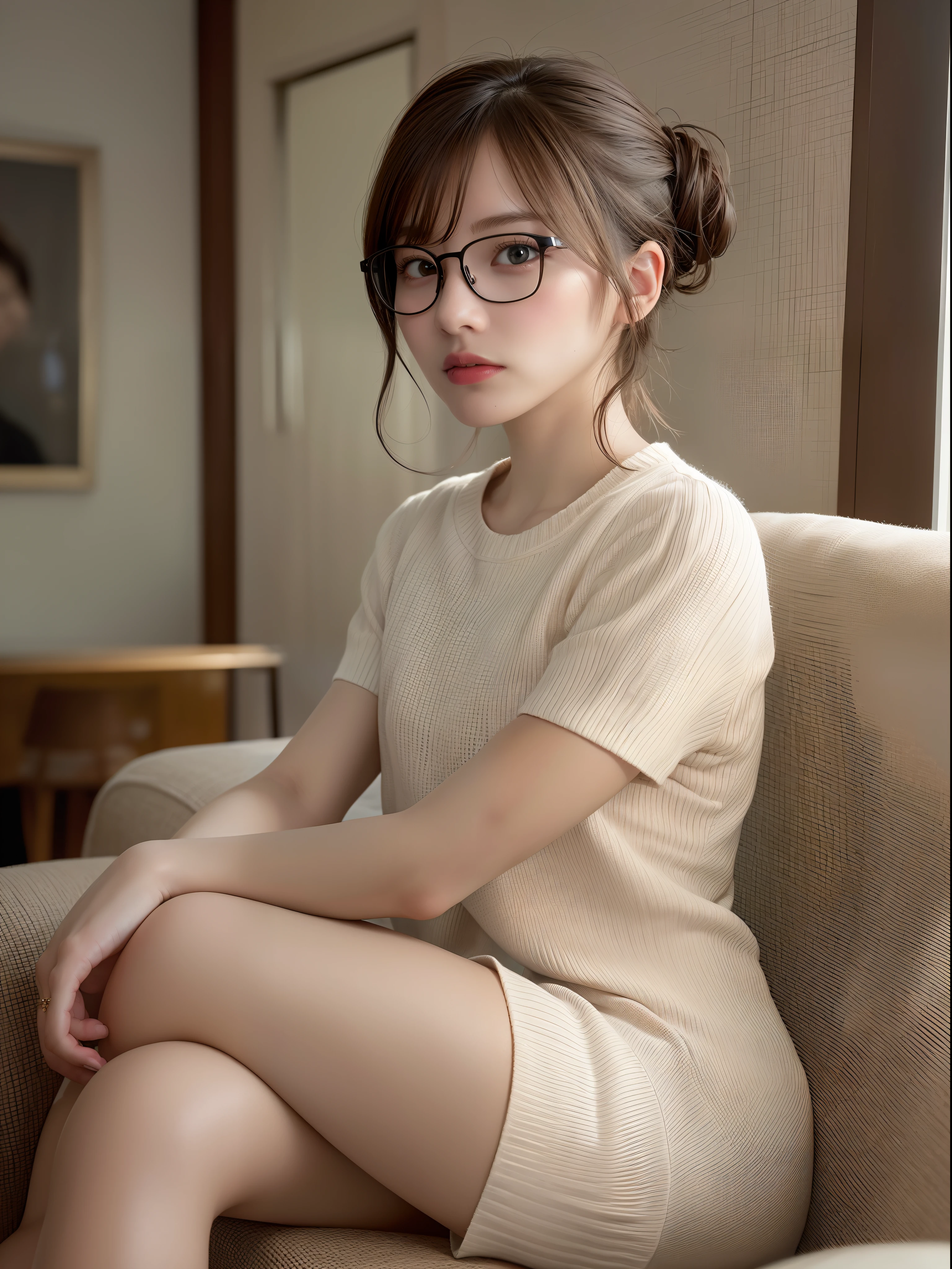 nffsw, retinas, masutepiece, ccurate, Anatomically correct, Textured skin, 
Super Detail, high details, High quality, Best Quality, hight resolution, 8K, 
( Photorealistic ), Symmetrical,the golden ratio、 Cinematic Light,

((One woman in white short sleeve sweater dress))、
(In a stylish living room)、Fashionable woman with glasses、Sitting on the couch、
((Smaller chest:1.1, Small butt:1.4)) ,
{ bob cuts | half updo },
( extra detailed face:1.2 ),Natural Color Lip、 (Beautiful detailed eyes),(Green eyes),((Undersized nose))、
{ Serious |  },