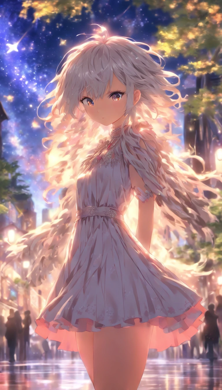 The background is a city, perfect white hair girl, loli in dress, White-haired, White-haired god, cute anime waifu in a nice dress, Gray-haired, Best anime 4k konachan wallpaper, small curvaceous loli, Guvitz at the Piksif Art Station, White-haired girl, nightcore, Stand on a tree, looking at the stars, The face is super detailed