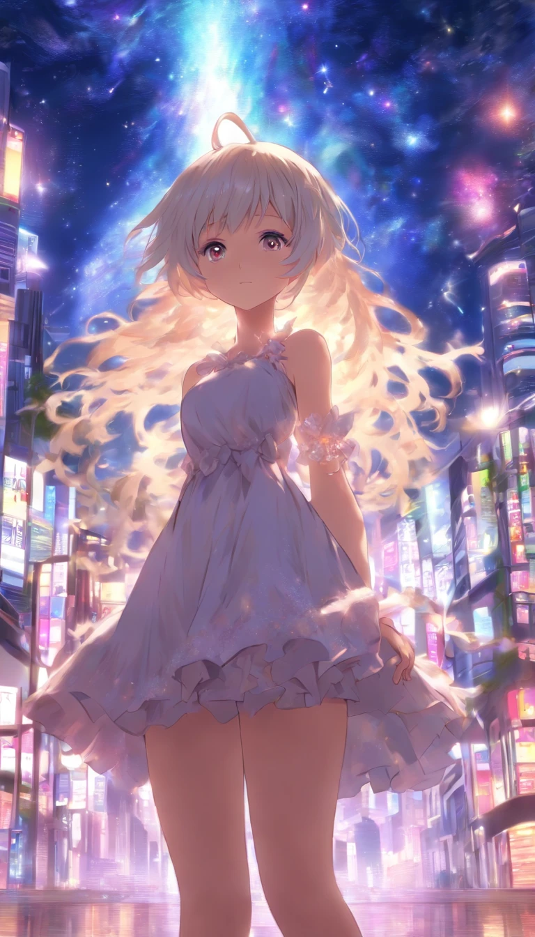 The background is a city, perfect white hair girl, loli in dress, White-haired, White-haired god, cute anime waifu in a nice dress, Gray-haired, Best anime 4k konachan wallpaper, small curvaceous loli, Guvitz at the Piksif Art Station, White-haired girl, nightcore, Stand on a tree, looking at the stars, The face is super detailed