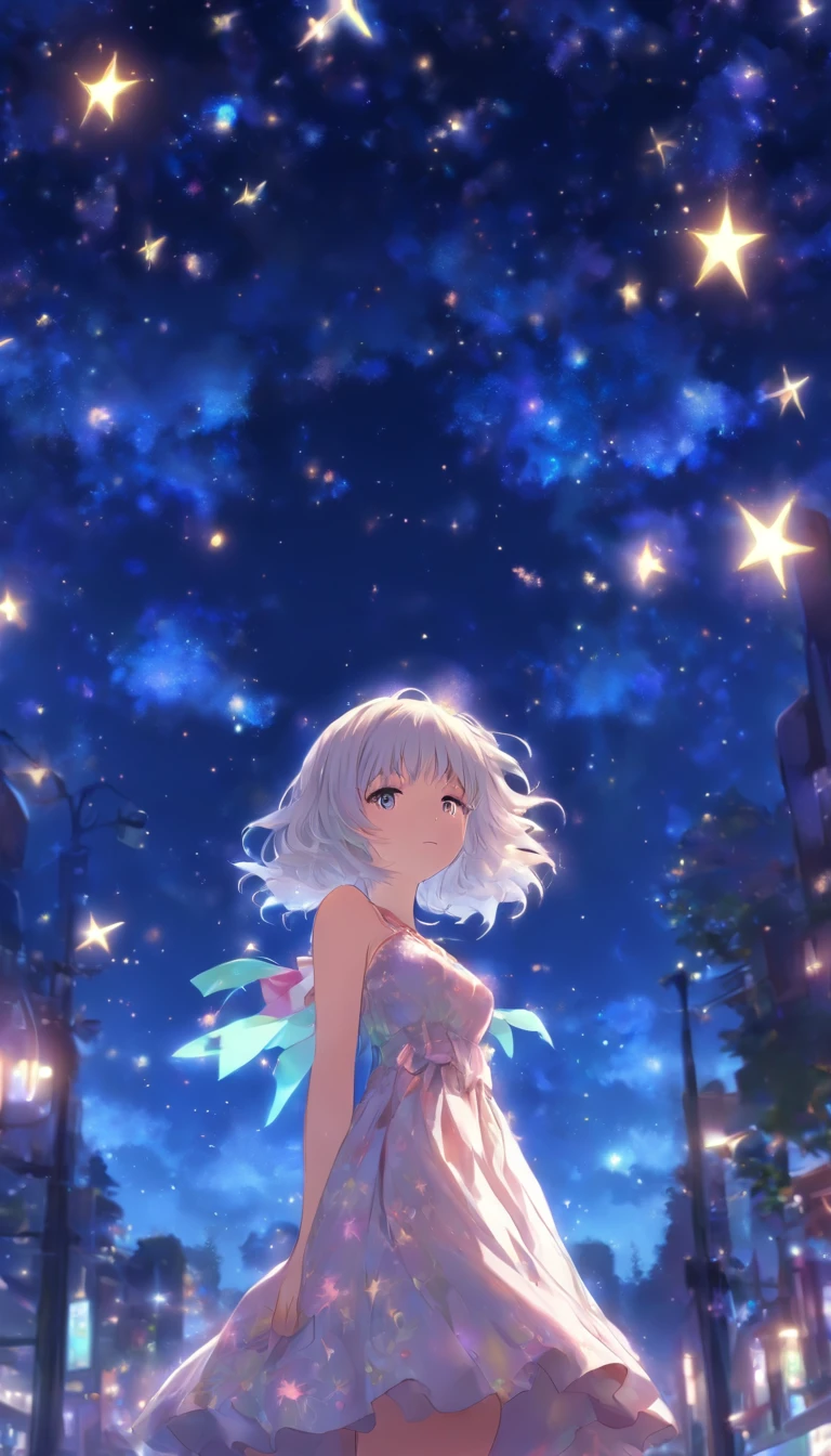 The background is a city, perfect white hair girl, loli in dress, White-haired, White-haired god, cute anime waifu in a nice dress, Gray-haired, Best anime 4k konachan wallpaper, small curvaceous loli, Guvitz at the Piksif Art Station, White-haired girl, nightcore, Stand on a tree, looking at the stars, The face is super detailed