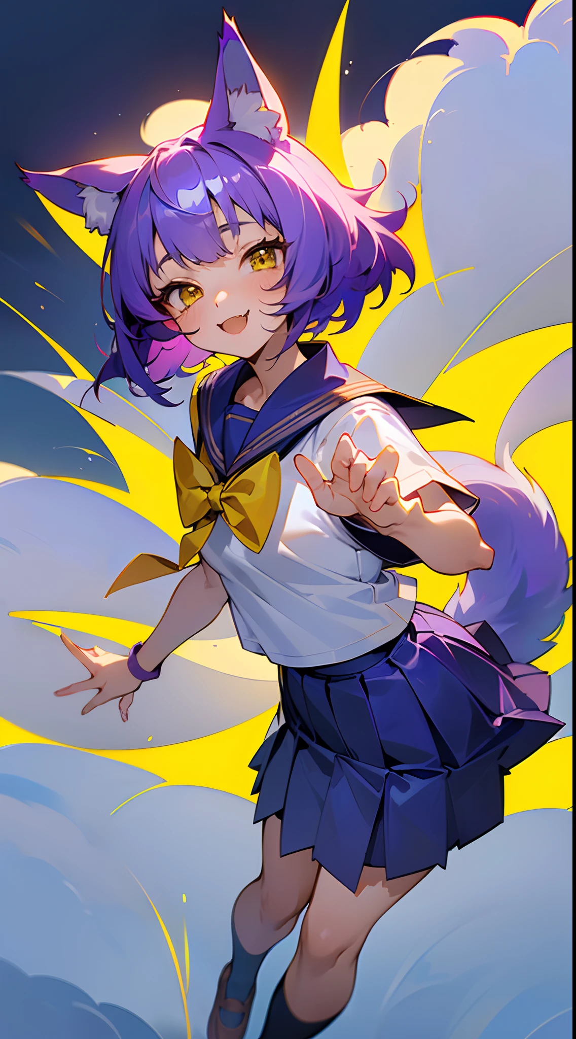 anime girl, short purple hair, wolf ears, (wolf tail), wallpaper, bishoujo, smile, teeth fang, looking up, cinematic, clouds, yellow eyes, one purple tail, nekomimi, sailor school uniform white, short sleeve, half body, short blue skirt, yellow eyes, shiny detailed eyes, wlop, sexy, bishoujo, detailed fingers, ribbons yellow, school girl