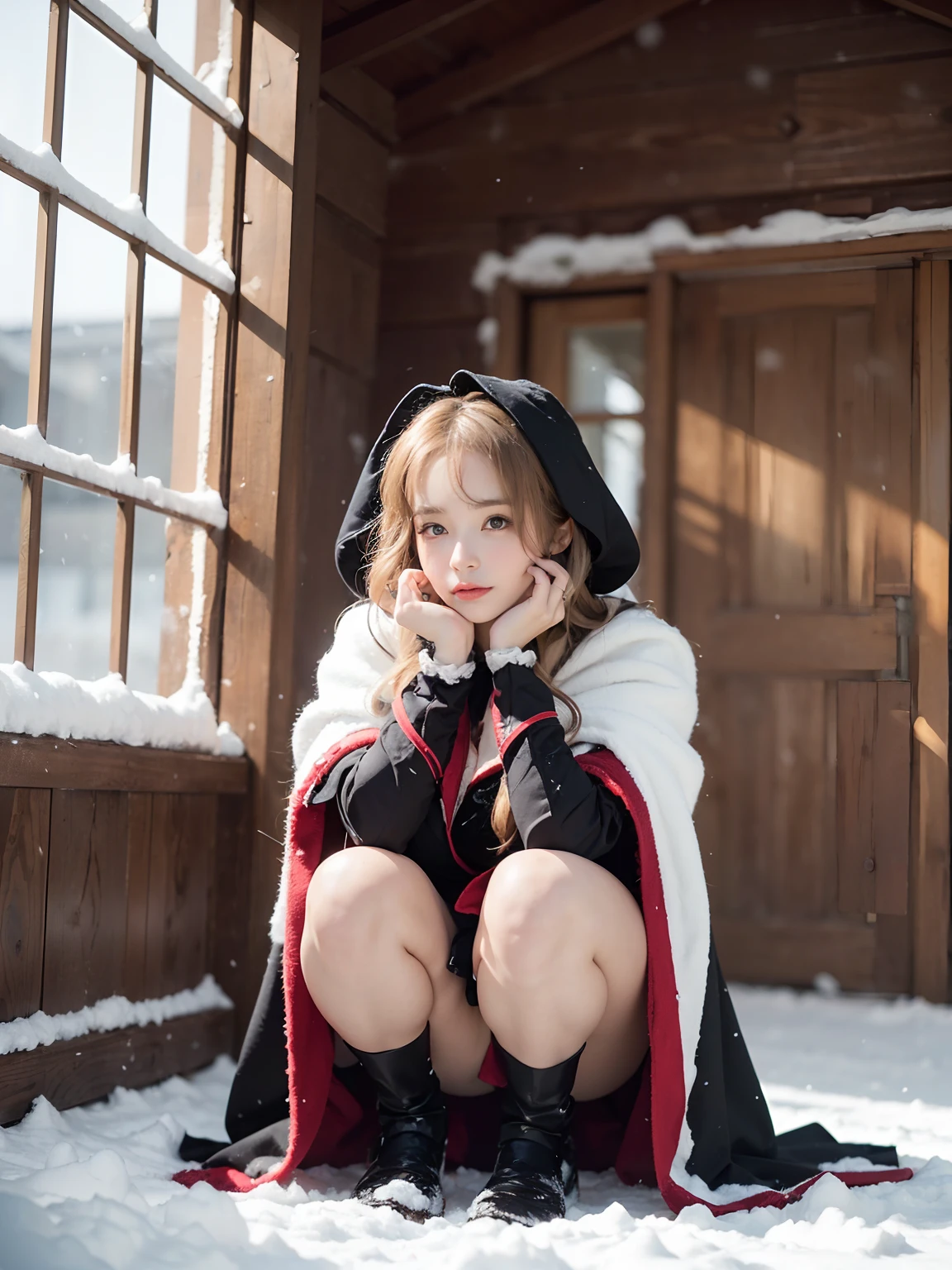 Kizi，Squat and sit，Bare legs，(Focus on the thighs)，((outside，Actual heavy snowfall，cloaks，Cover with snow，(Lolita costume)， Horizontal viewing angle)),  fission, Brandon Flake, (8K, ........primitive, professional, best qualtiy, tmasterpiece: 1,2), (hentail realism), Ultradetailliert, (35mm portrait wide angle), (Skin with the highest level of detail: 1,2), (The highest level of detail in the dial:1.2), cinmatic lighting, (ventania), natta, warm white light, looks into camera, Naughty Poses，Old European-style castle，