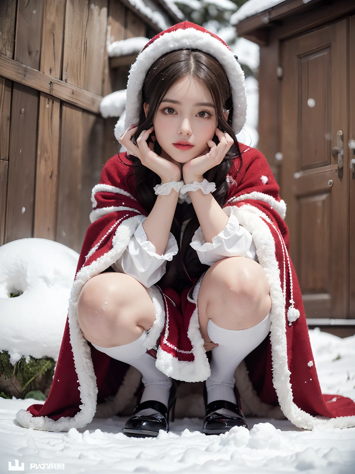Kizi,Squat and sit,Bare legs,(Focus on the thighs),((outside,Actual heavy snowfall,cloaks,Cover with snow,(ta costume), Horizontal viewing angle)), fission, Brandon Flake, (8K, ........primitive, professional, best qualtiy, tmasterpiece: 1,2), (hentail realism), Ultradetailliert, (35mm portrait wide angle), (Skin with the highest level of detail: 1,2), (The highest level of detail in the dial:1.2), cinmatic lighting, (ventania), natta, warm white light, looks into camera, Naughty Poses,Old European-style castle,