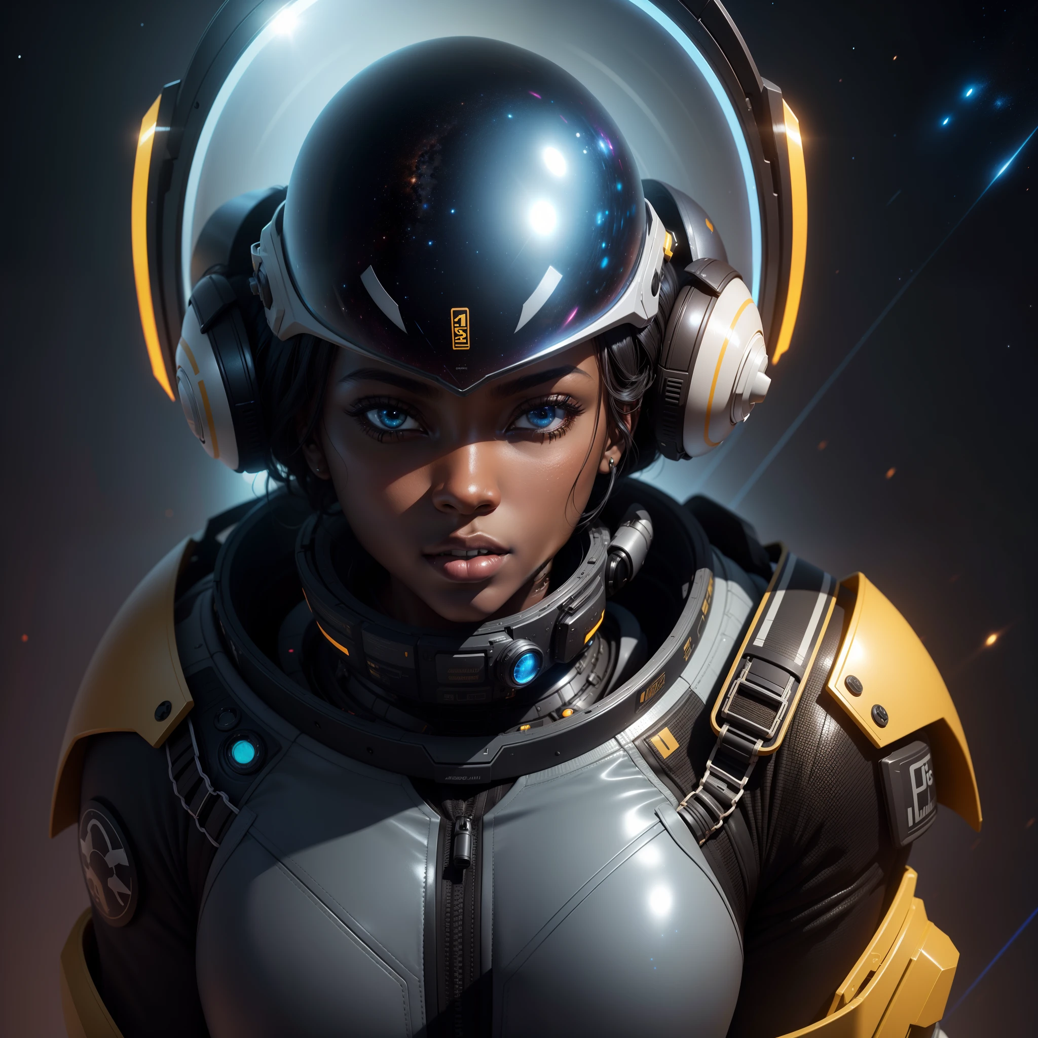 a black woman in an African designed space suit with a helmet and goggles, cgsociety 9, sci-fi, interstellar movie colour grading, with iridescent light, 32k, ultra HD, unreal engine rendered, cinematic lighting, artgerm style, bright and vibrant colours, photorealistic image,