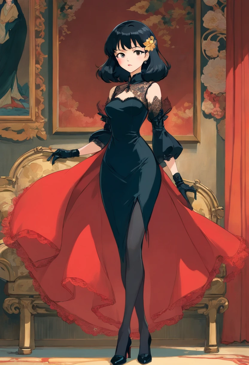 1 girl, she is wearing a black long dress that fits her figure in the style of the 60s, the dress shines like a thousand diamonds, the girl’s short black hair is styled in small waves in the style of Marilyn Monroe, the girl has a long cigarette in her hand, full body, confident look on her face, half-lidded eyes, and her hands are elegantly decorated with long translucent black gloves above the shoulders, on the girl’s head a black hat with a long rim, an atmosphere of luxury, red scarlet lips, red furniture
