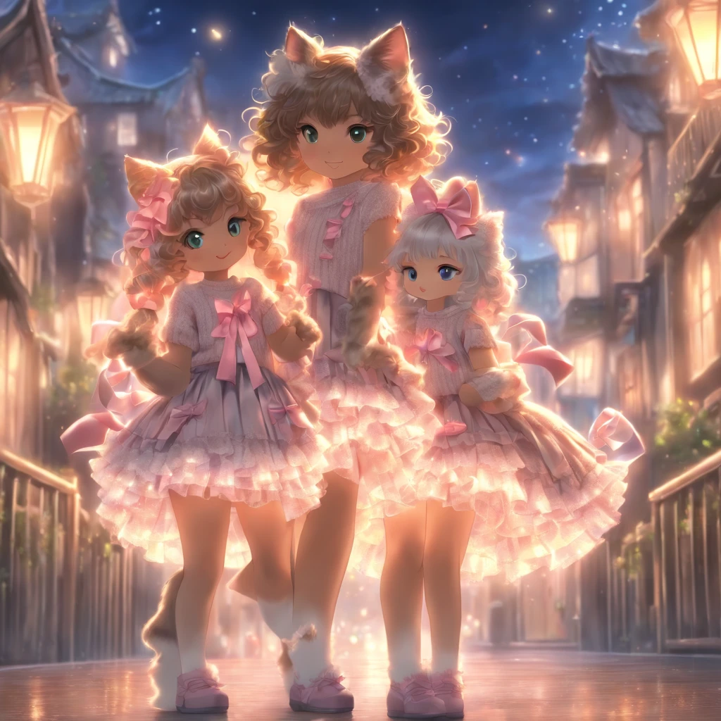 (best quality,4k,8k,highres,masterpiece:1.2),ultra-detailed,(realistic,photorealistic,photo-realistic:1.37),2 little girls, good friends, (She wears a dress with (Lots of ribbons, lace and frills, 3-tier ruffled jumper skirt), Cat girl:1.4), Sanrio illustration style, a fantastic magical world, The Starry Sky  background,