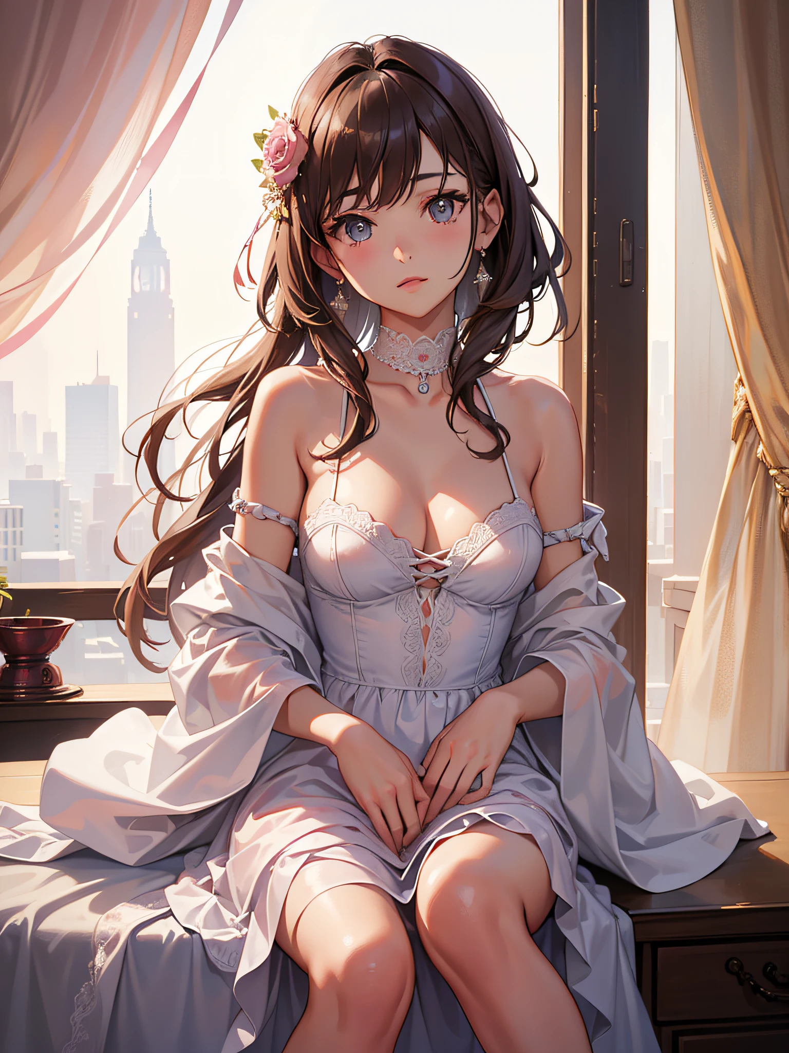 Best Quality, Masterpiece, extra high resolution, (realistness: 1.4), Original Photo, 1girl, Pink off-the-shoulder, Cinematic lighting