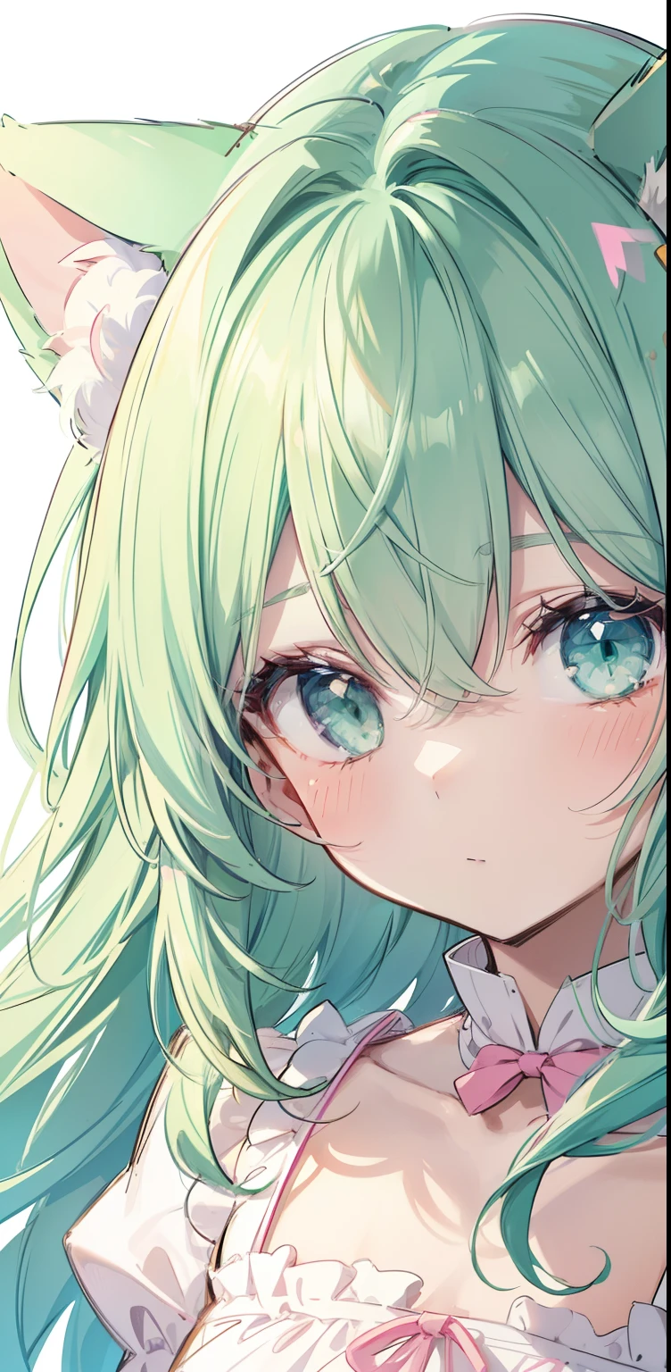 (sketch drawing), (close up), (small body), (pink cheeks), (green cat ears), (cute cat ears), (blue hair), (green eyes), (big hair) , (fringe), (details on the strands), (white background),