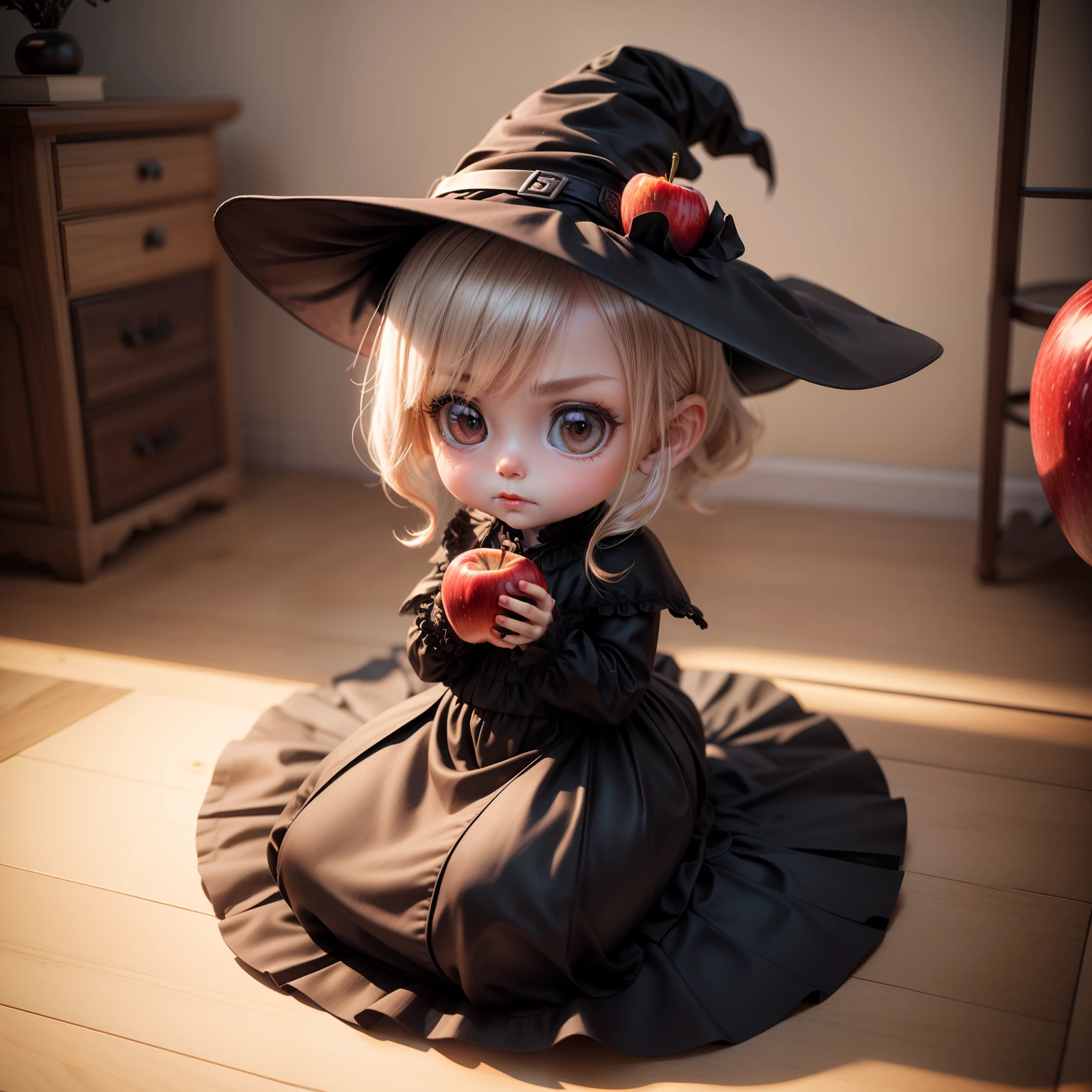 Cute Baby Chibi Anime、(((Chibi 3D))) (Best Quality), (masutepiece)、Portrait of a very elderly woman (((Perfect red apple))) In one hand,, witch woman, granny, looking stern, Tomasz Jedlšek, portrait of a dark witch, Adam Marczyński, Alexander Cobbsday, by Tadeusz Pruszkówski