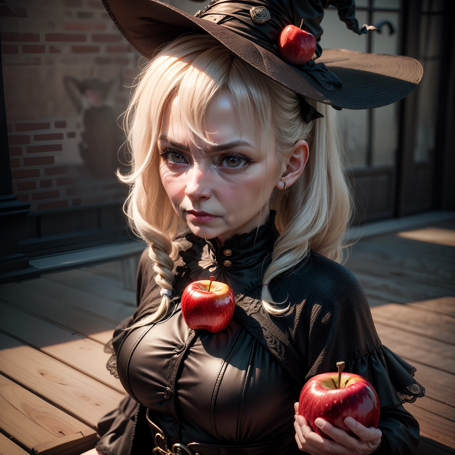 Cute  Chibi Anime、(((Chibi 3D))) (Best Quality), (masutepiece)、Portrait of a very elderly woman (((Perfect red apple))) In one hand,, witch woman, granny, looking stern, Tomasz Jedlšek, portrait of a dark witch, Adam Marczyński, Alexander Cobbsday, by Tadeusz Pruszkówski