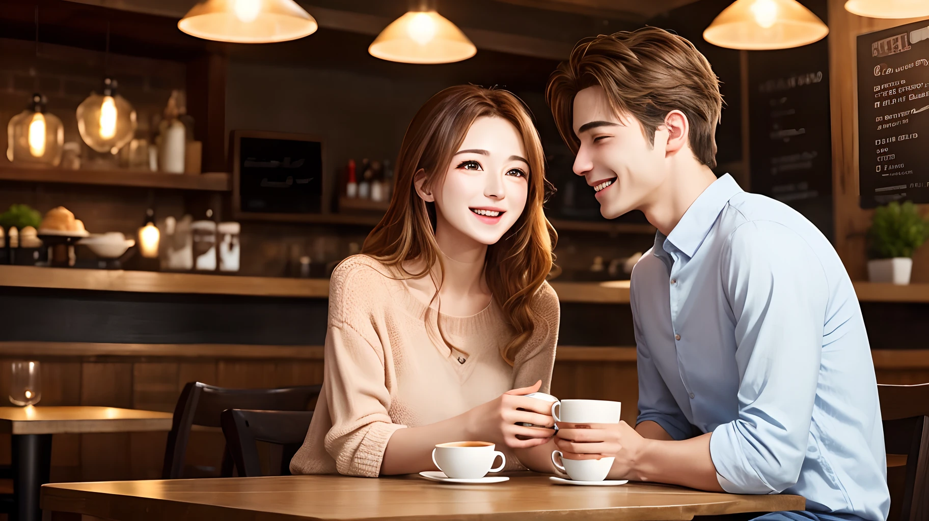 Cafe Scene
((Many male and female couples))、Warm atmosphere、4K、(Top image quality)、(masutepiece)、The images are ultra-realistic、Her expression is bright and happy.、