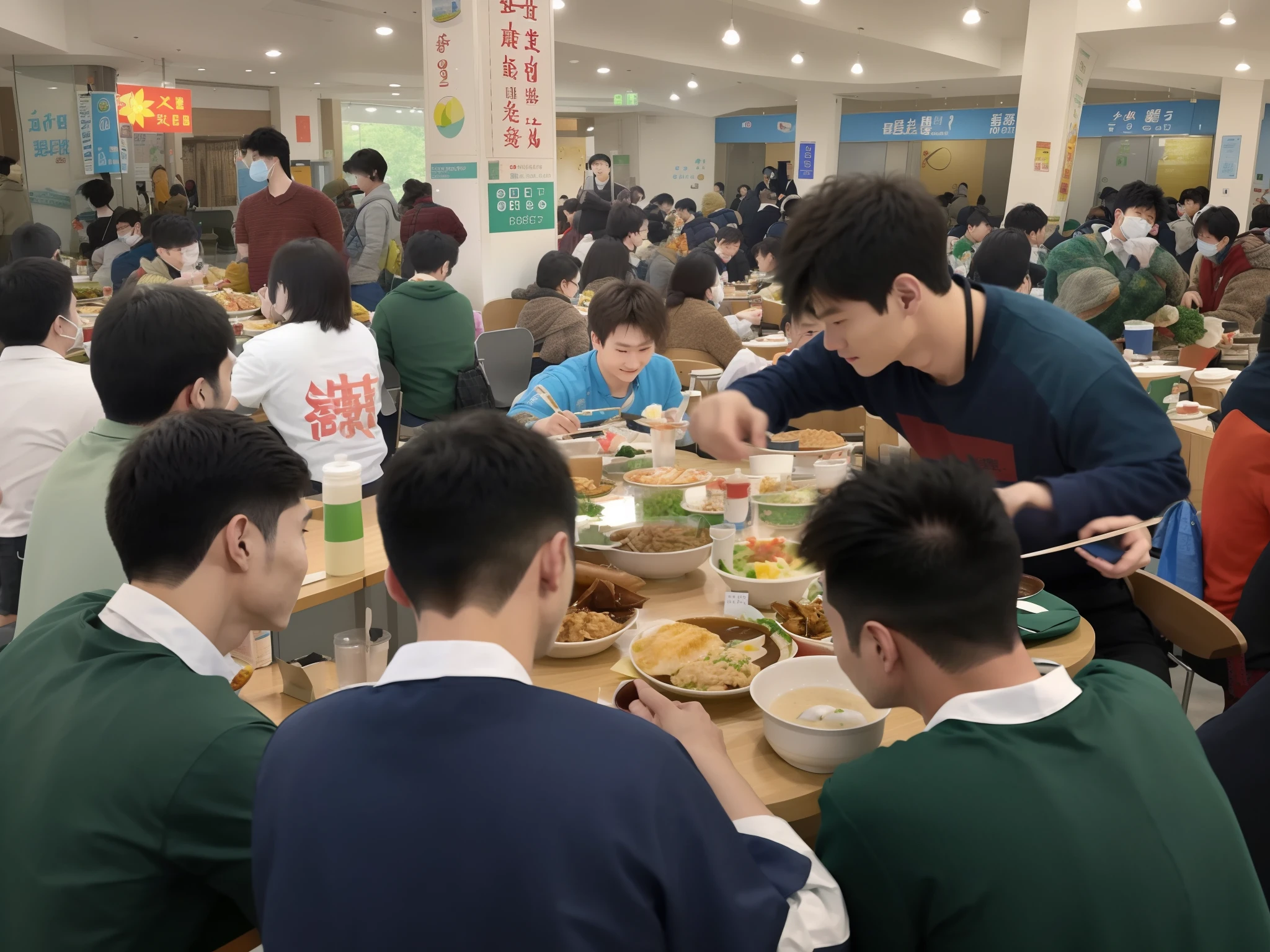 Several people ate at a table in a large room, people inside eating meals, competition winning, Ready to eat, 3 6 0 capture, year 3022, Food court, Eating, Highlight, centered shot, author:Ann Text, the table is full of food, rows of canteen in background, shaxi, Cai Xukun, wonderful masterpiece