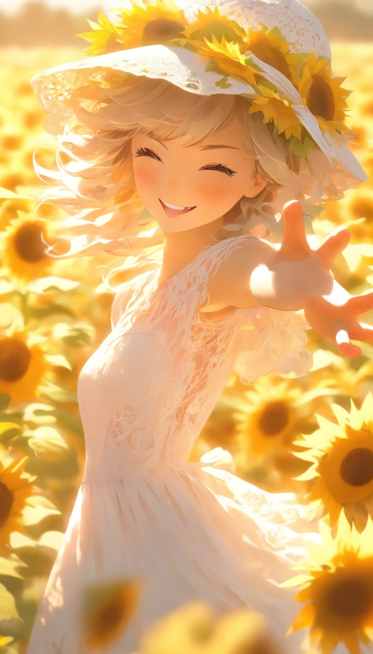 Fuwa Love Car,1girll,Solo, (White lace dress:1.2),floating dress (sunhat:1.2), Sunflower field, Under the sunlight, Light smile,view the viewer, Wind, Dynamic, Strong light and shadow,Dynamic pose,