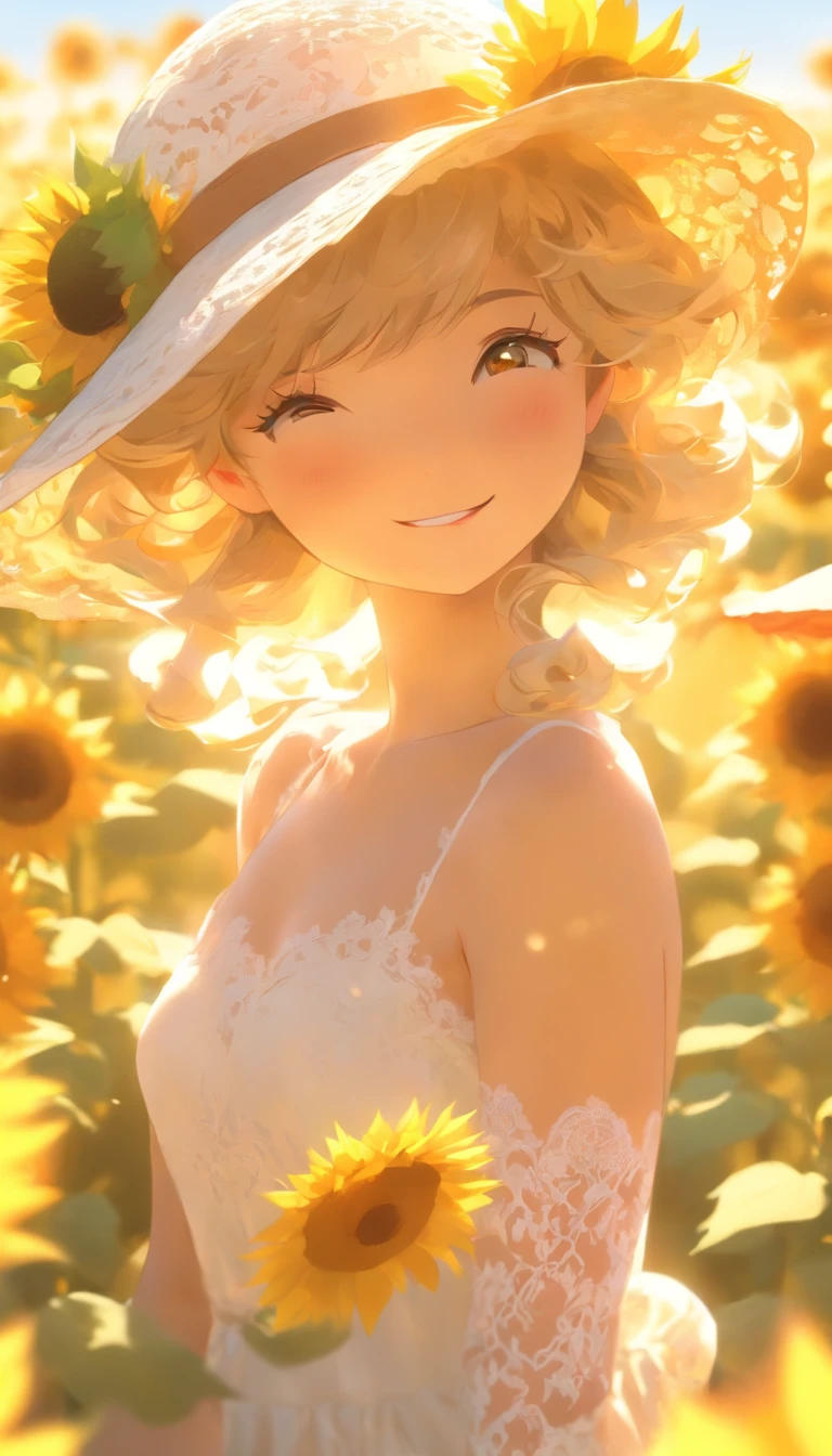 Fuwa Love Car,1girll,Solo, (White lace dress:1.2),floating dress (sunhat:1.2), Sunflower field, Under the sunlight, Light smile,view the viewer, Wind, Dynamic, Strong light and shadow,Dynamic pose,