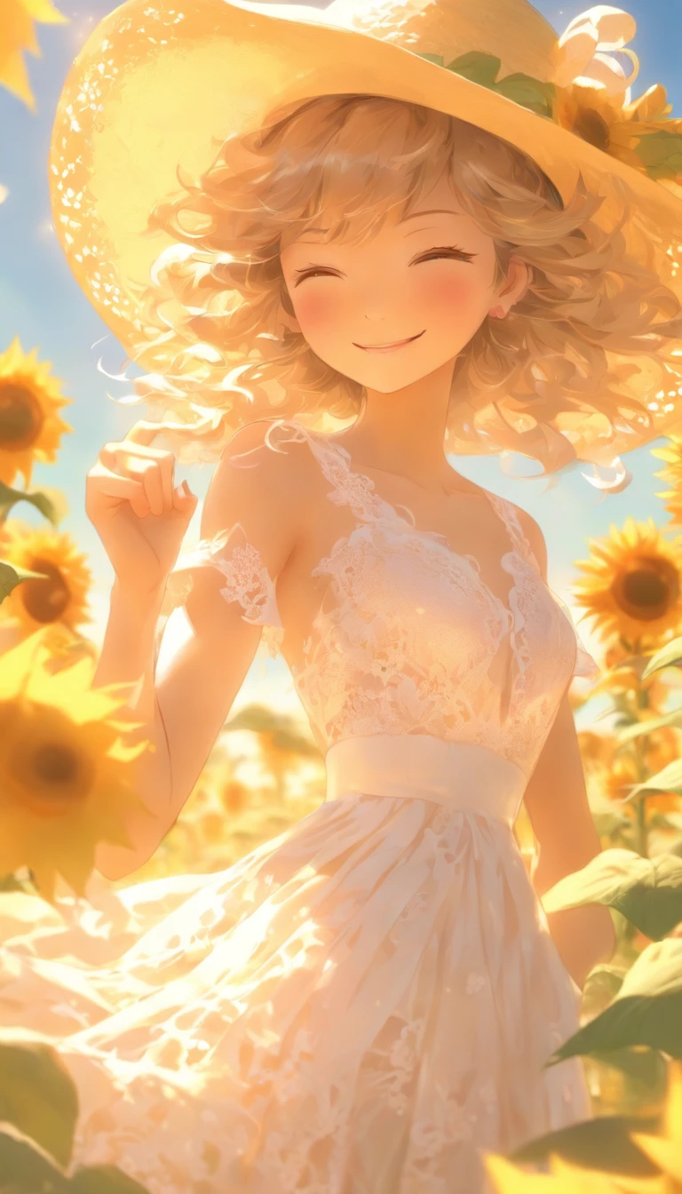 Fuwa Love Car,1girll,Solo, (White lace dress:1.2),floating dress (sunhat:1.2), Sunflower field, Under the sunlight, Light smile,view the viewer, Wind, Dynamic, Strong light and shadow,Dynamic pose,