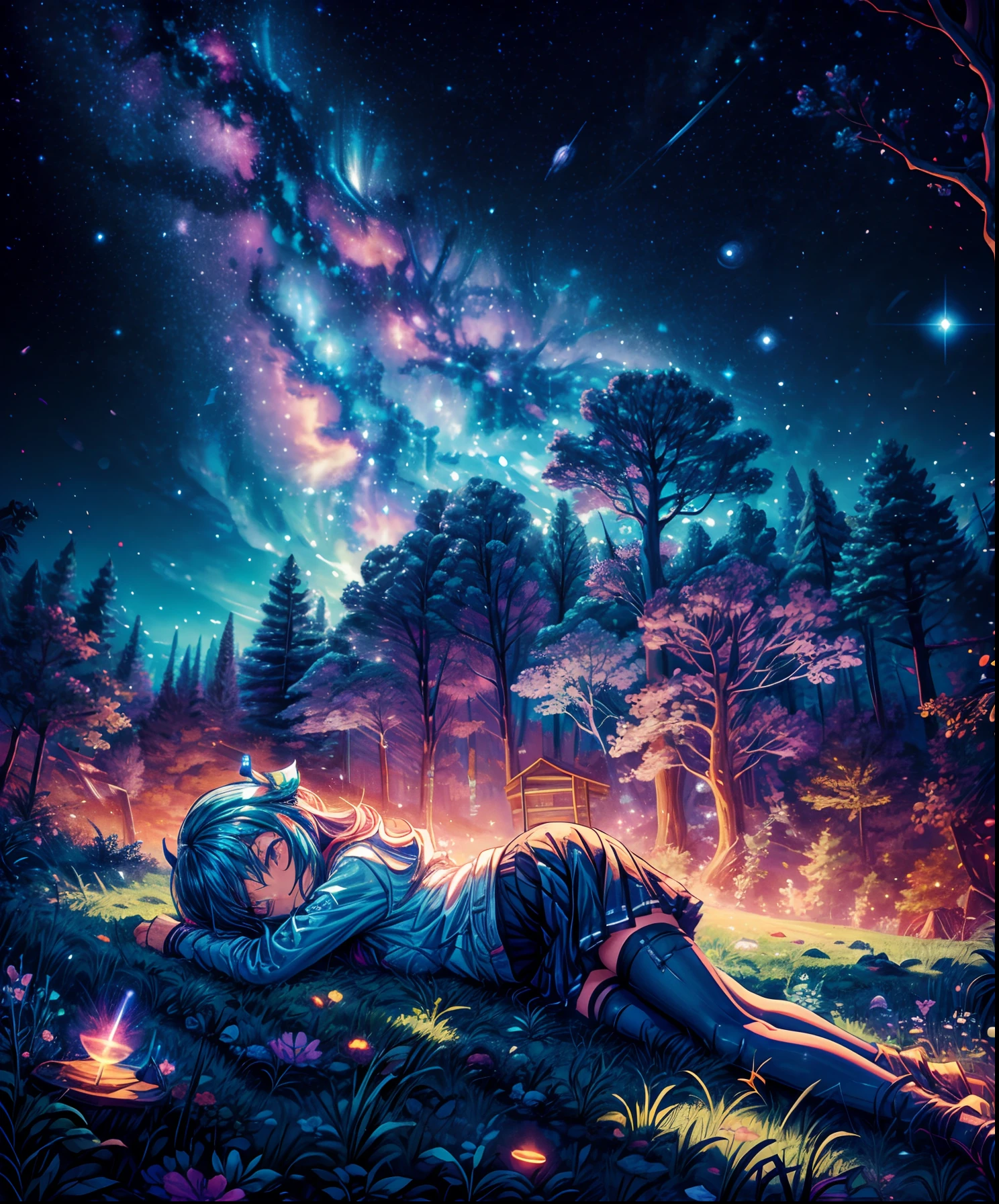 Describe a scene where a cute girl character is lying on a grassy hill, Looking up at the starry sky. Surround her with colorful nebulae and her favorite constellations.