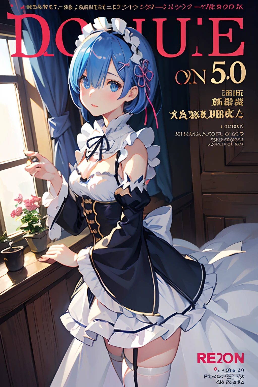 (masuter piece,Best Quality,Ultra-detailed), (A detailed face),rem,Remu,Rezero, hight resolution, 1girl in, (front-facing view), blue hairs, Blue eyes, Hair above one eye,Pink Hair Ribbon,rem's maid uniform, Detached sleeves, flat-chest, (Beautiful Detail Eye: 1.1), (Detailed hand), (Detail light: 1.1), Film Light, Pale skin type, (looking at the viewers), (magazine:1.3), (cover-style:1.3),inside the house,window, a closeup,portlate