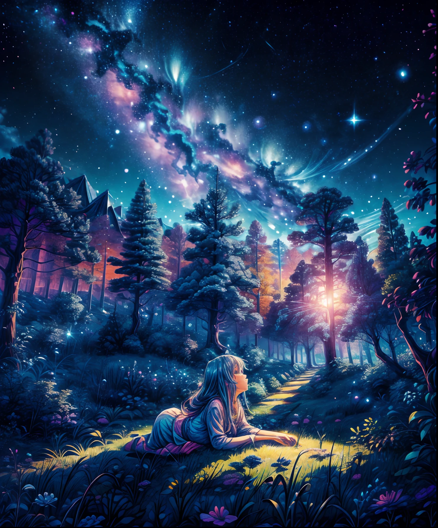 Describe a scene where a cute girl character is lying on a grassy hill, Looking up at the starry sky. Surround her with colorful nebulae and her favorite constellations.