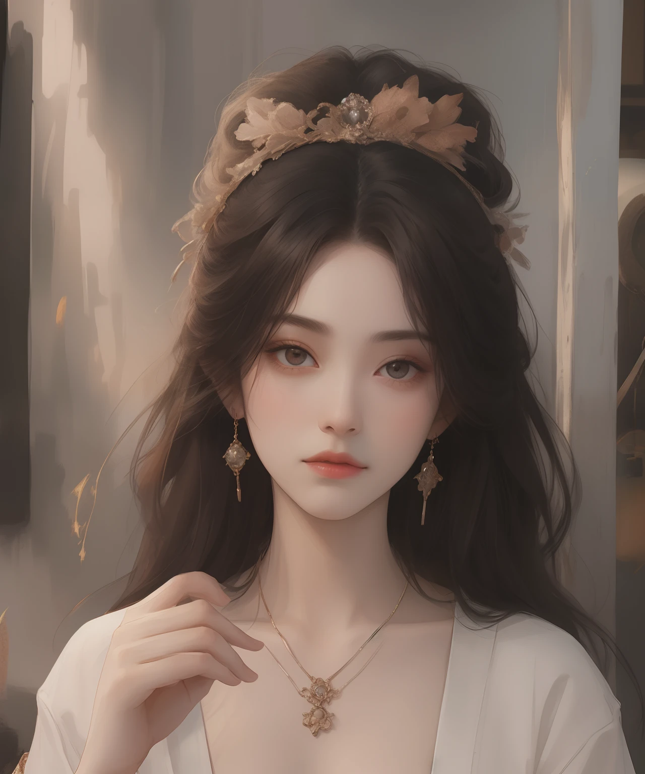 Best quality、tmasterpiece、A high resolution、1girl、Porcelain soft satin dress、Fine hair accessories、Fine Necklace、detailed jewellery、pretty face、Physically、Flat and thin body,smallunderboob,Tyndall effect、realisticlying、Shadow Studio、edge lit、bicolor lighting、(highdetailskin:1.2)、8k UHD、dslr、softlighting、high high quality、volumettic light、sneak shot、photore、A high resolution、4k、8k、The background is blurred out,