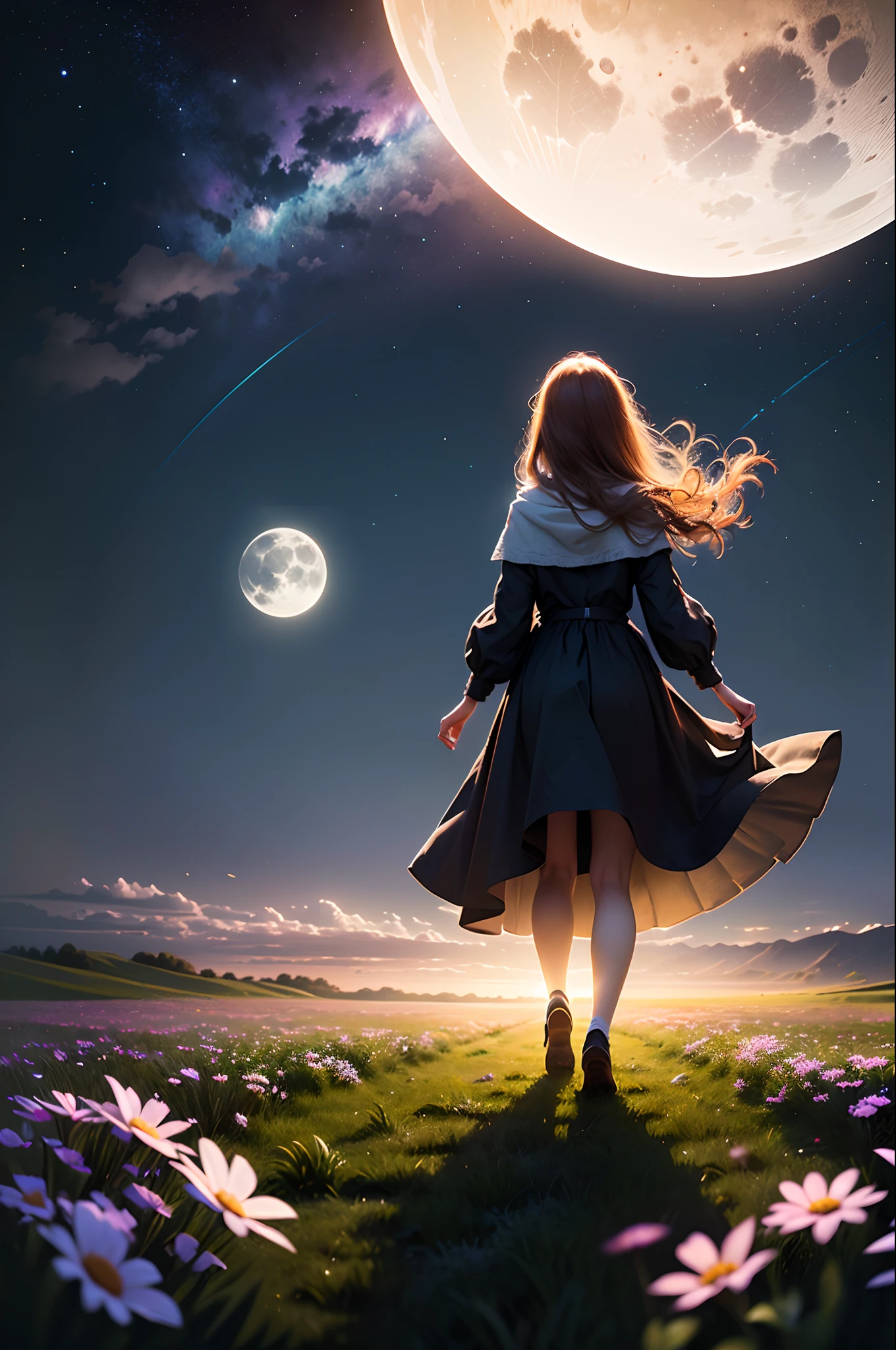 grassy fields,Shrouded in moonlight,Distant girl,far off,broad,dream magical,White moonshine,the night,The wind blows hair,Wide meadow