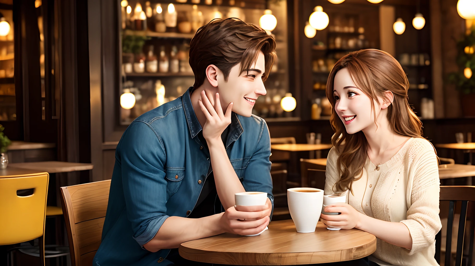 Cafe Scene
((Many male and female couples))、Warm atmosphere、4K、(Top image quality)、(masutepiece)、The images are ultra-realistic、Her expression is bright and happy.、