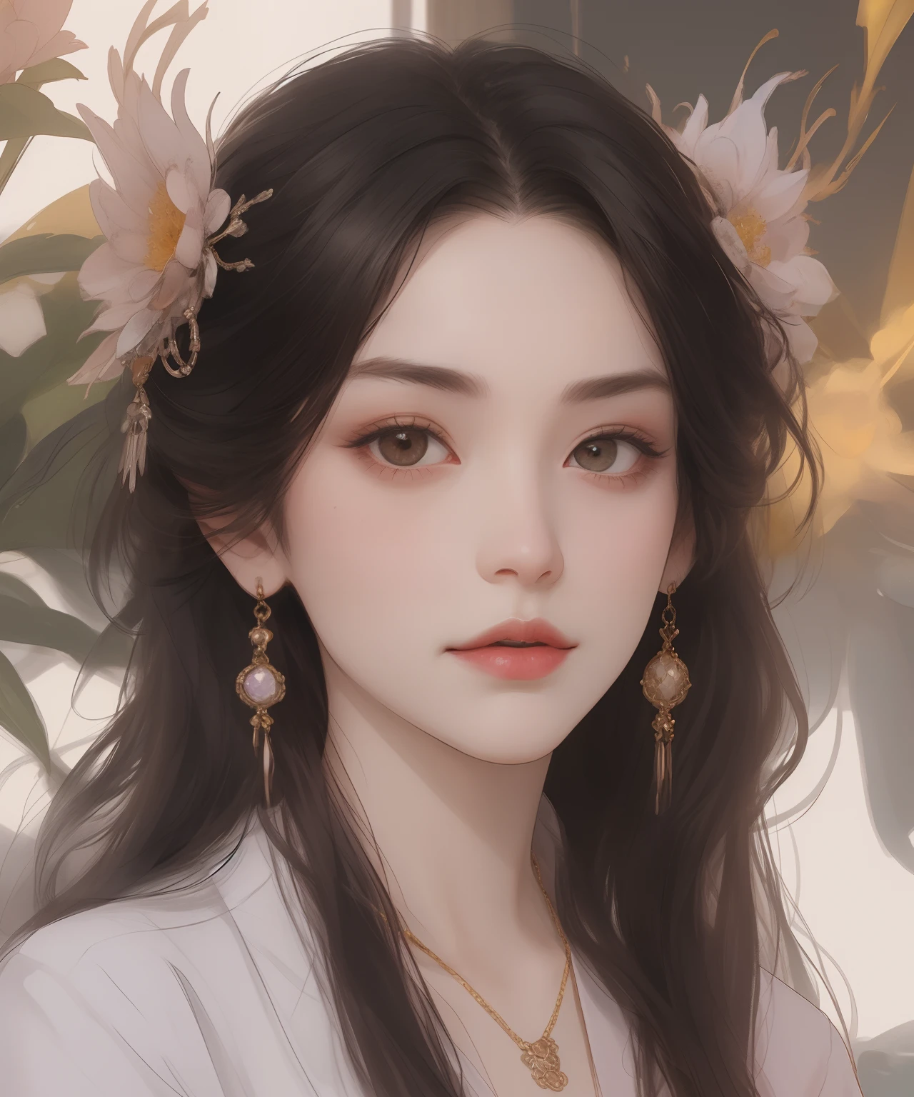 Best quality、tmasterpiece、A high resolution、1girl、Porcelain soft satin dress、Fine hair accessories、Fine Necklace、detailed jewellery、pretty face、Physically、Flat and thin body,smallunderboob,Tyndall effect、realisticlying、Shadow Studio、edge lit、bicolor lighting、(highdetailskin:1.2)、8k UHD、dslr、softlighting、high high quality、volumettic light、sneak shot、photore、A high resolution、4k、8k、The background is blurred out,