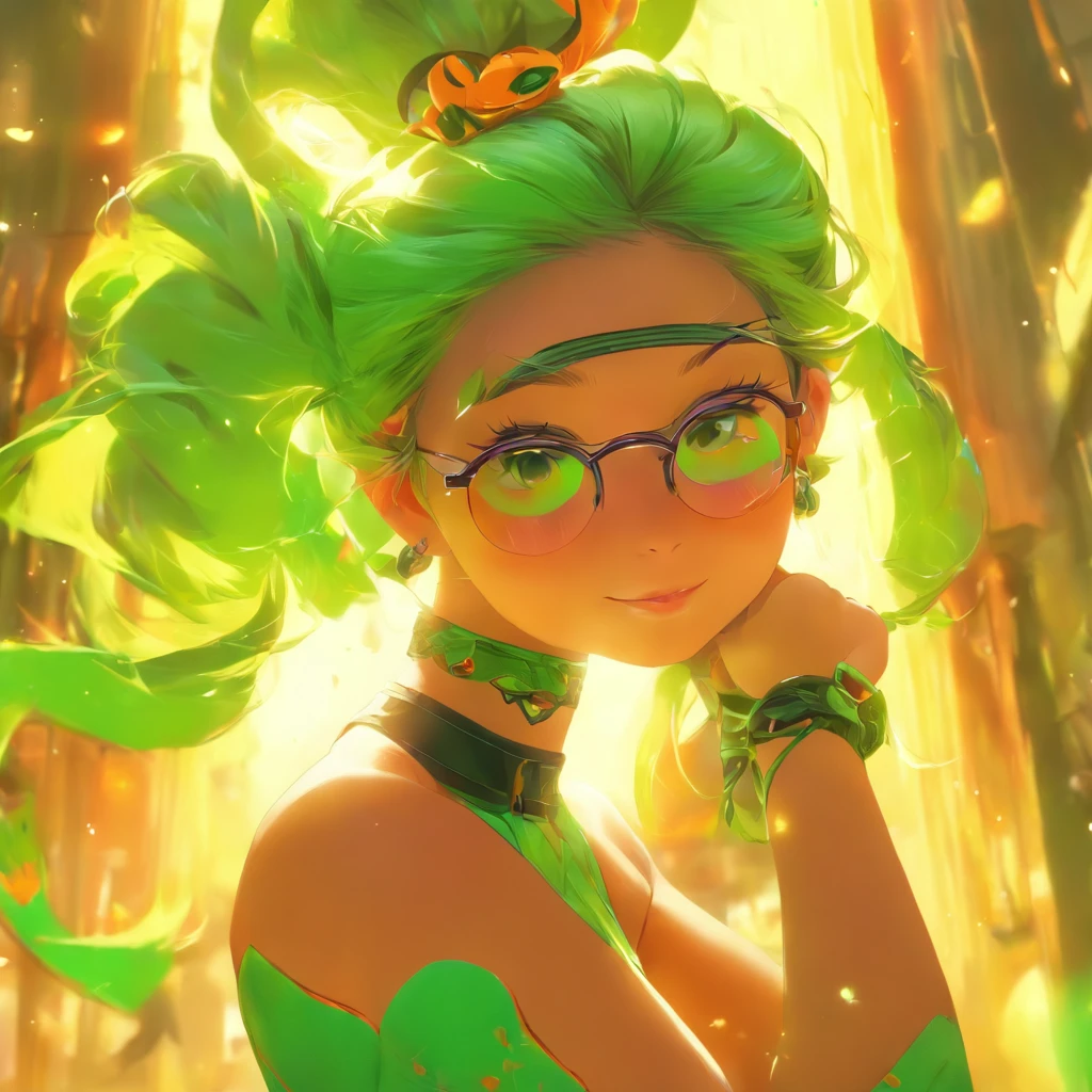 (best quality,4k,8k,highres,masterpiece:1.2),ultra-detailed,(realistic,photorealistic,photo-realistic:1.37),Costume Design,(Best quality), (photorealistic:1.36), (realistic), ultra-detailed, 1girl, (not large tasty:!.4, Small breasts), (deep blue eyes), (Pale green hair, Short hair, reveals the forehead, Small pigtails, Pumpkin-shaped hair accessories), (red-half-rimed circle-glasses), (She is wearing a Back wide open Halter-neck dress in orange and green:1.4), Left hand to hip, cheerful, Whole body. front lighting, Warm Colorful pop pattern Background, leaning forward, hyper real, rich colored, pastel colors, kawaii, cute colors,