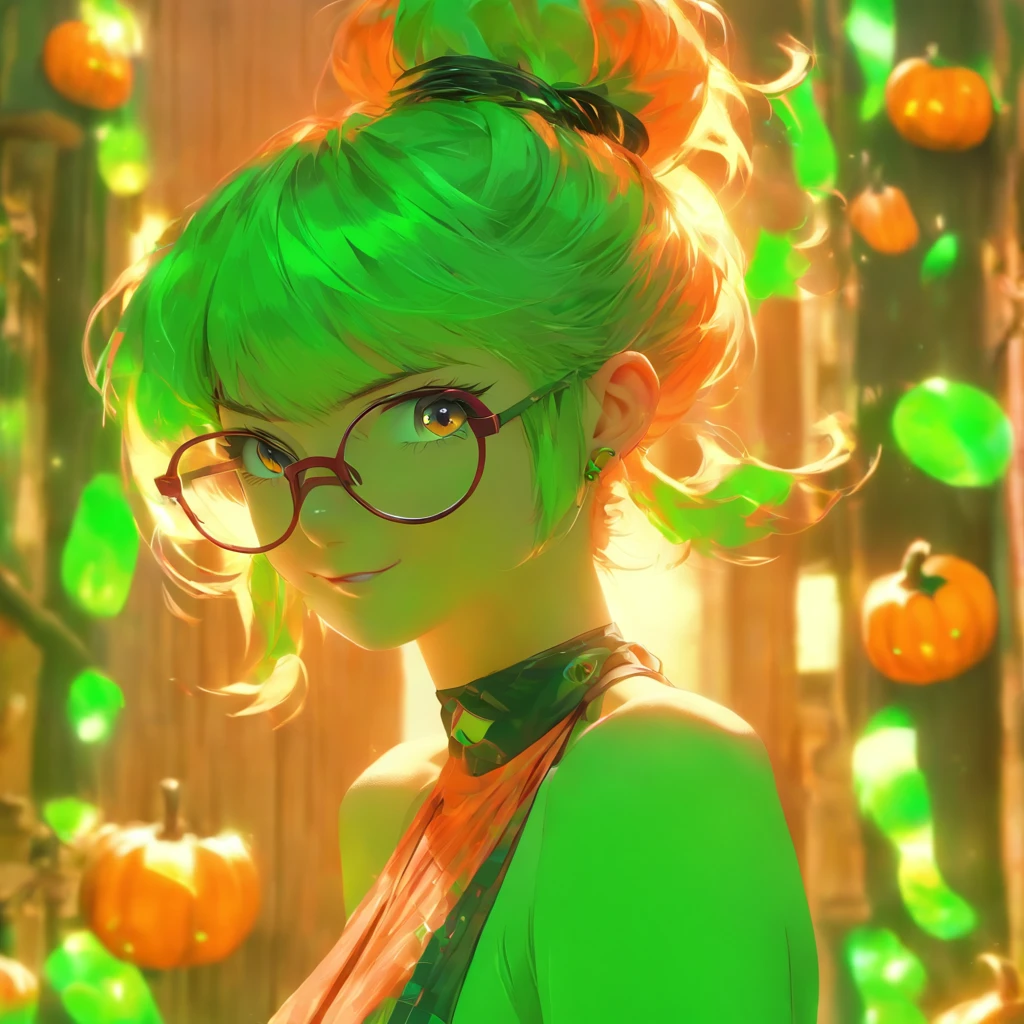 (best quality,4k,8k,highres,masterpiece:1.2),ultra-detailed,(realistic,photorealistic,photo-realistic:1.37),Costume Design,(Best quality), (photorealistic:1.36), (realistic), ultra-detailed, 1girl, (not large tasty:!.4, Small breasts), (deep blue eyes), (Pale green hair, Short hair, reveals the forehead, Small pigtails, Pumpkin-shaped hair accessories), (red-half-rimed circle-glasses), (She is wearing a Back wide open Halter-neck dress in orange and green:1.4), Left hand to hip, cheerful, Whole body. front lighting, Warm Colorful pop pattern Background, leaning forward, hyper real, rich colored, pastel colors, kawaii, cute colors,