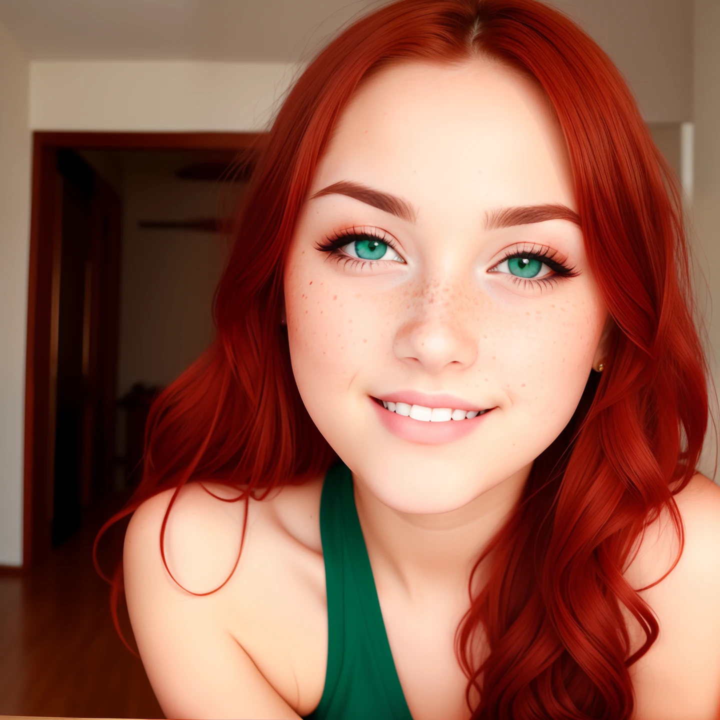 Cute, 25 year old girl next door, red hair, green eyes, with a southern vibe. Approachable, with flirty and fun personality. Ultra high quality, very detailed face, freckles