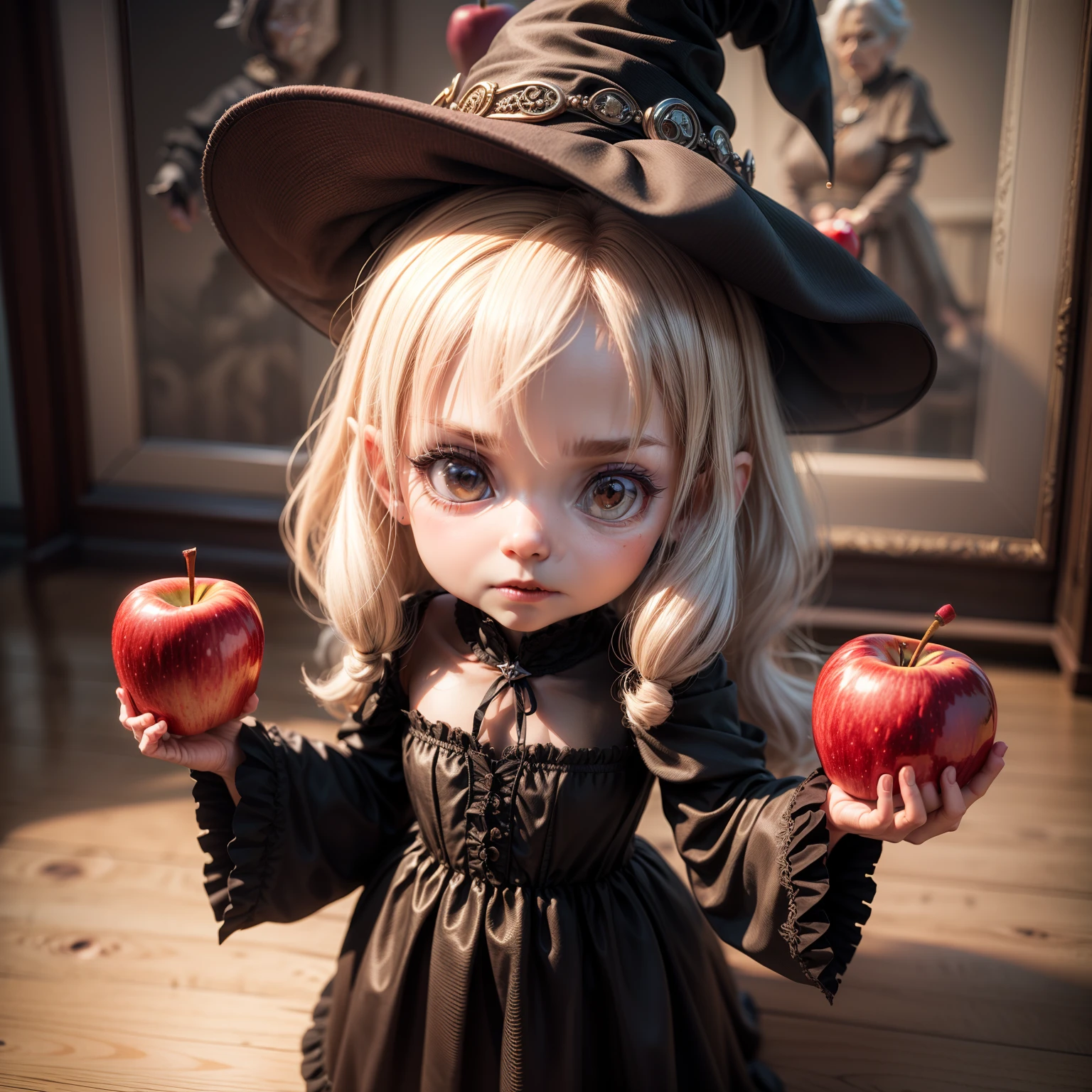 Cute Baby Chibi Anime、(((Chibi 3D))) (Best Quality), (masutepiece)、Portrait of a very elderly woman (((Perfect red apple))) In one hand,, witch woman, granny, looking stern, Tomasz Jedlšek, portrait of a dark witch, Adam Marczyński, Alexander Cobbsday, by Tadeusz Pruszkówski