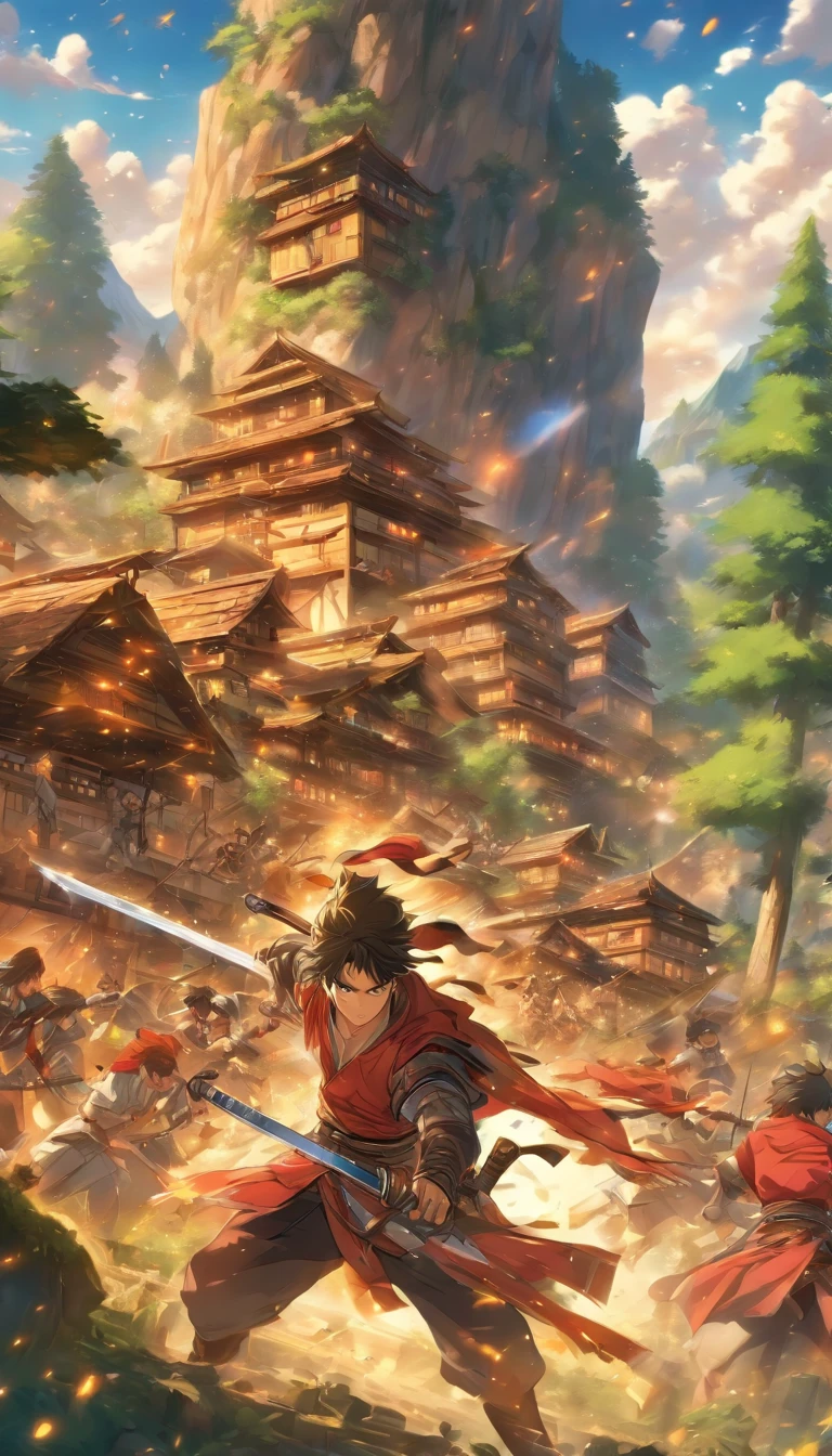 Masterpiece, Very detailed, Ultra photo realsisim, Detailed background, Bright lighting, lighting,, (Swordsmen fight bandits in squares surrounded by forests), (mountain hut), (wide angles),