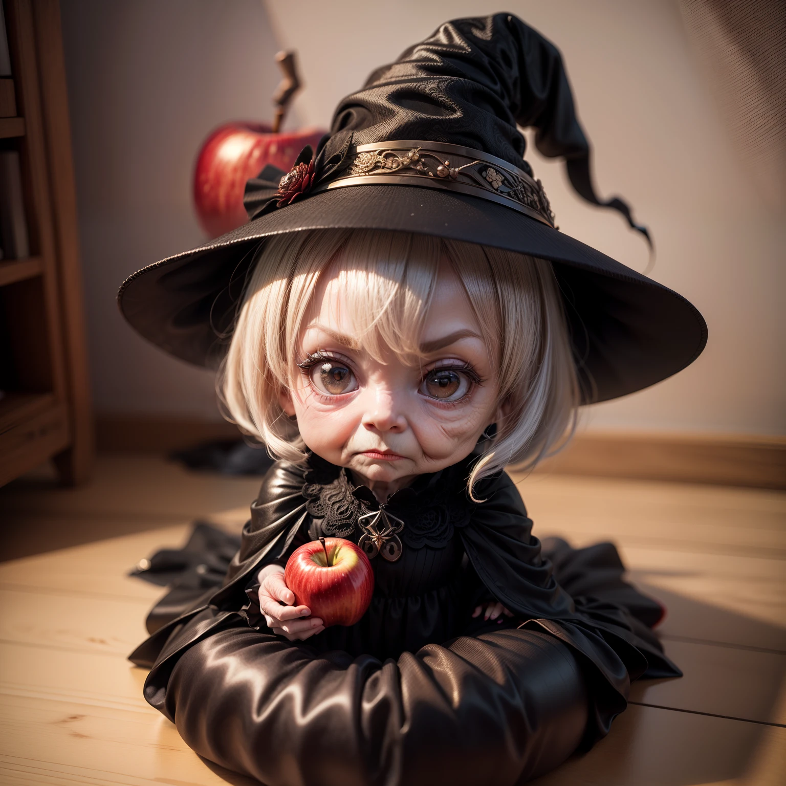 Cute  Chibi Anime、(((Chibi 3D))) (Best Quality), (masutepiece)、Portrait of a very elderly woman (((Perfect red apple))) In one hand,, witch woman, granny, looking stern, Tomasz Jedlšek, portrait of a dark witch, Adam Marczyński, Alexander Cobbsday, by Tadeusz Pruszkówski