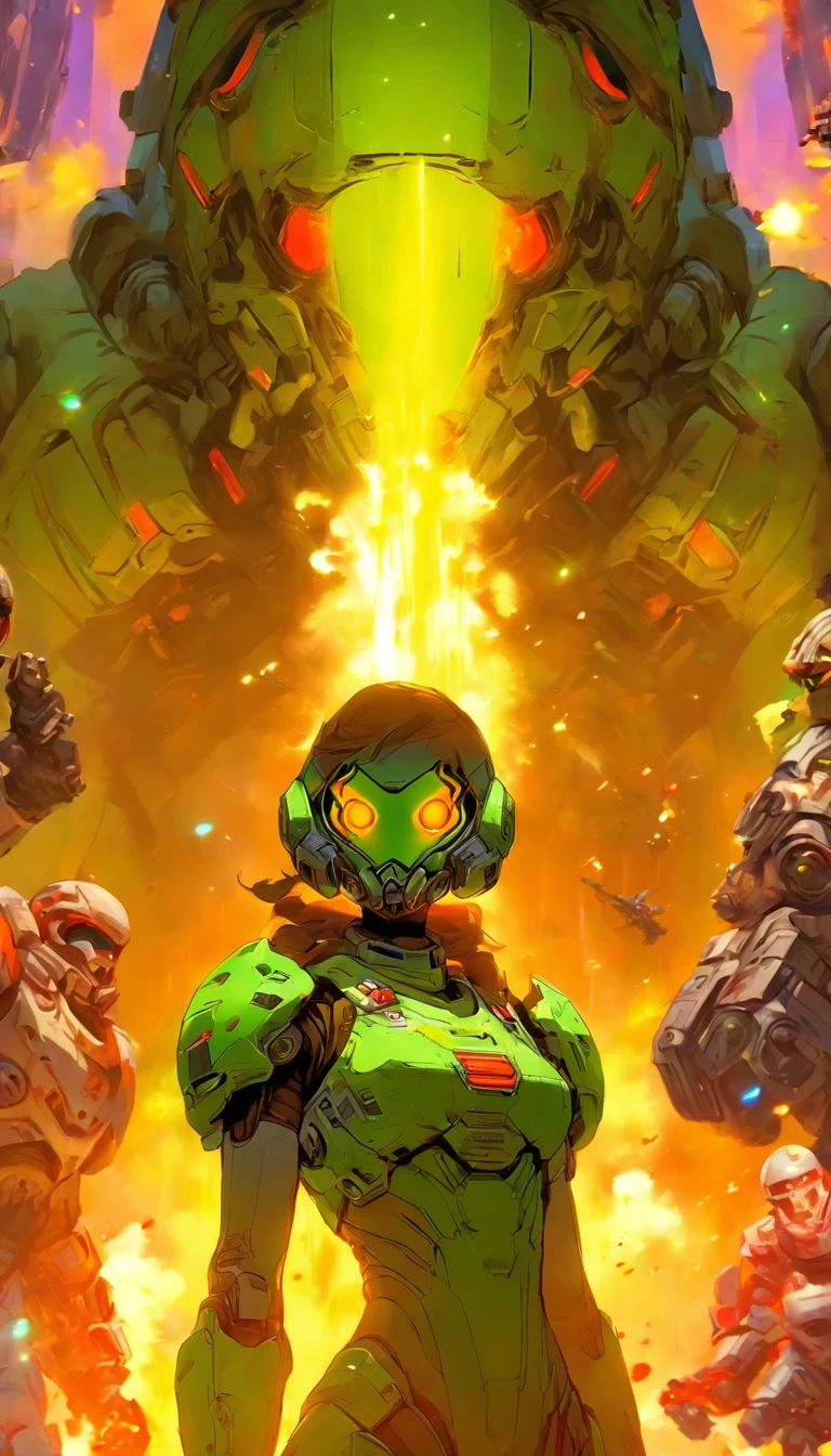 There was a woman holding a gun in front of a spaceship, ruined empire on the background, official character art, 《Doom：everlasting》Zombies in , orianna, C - 3 P 0 painting, inspired by Sargent Johnson, heaven planet in background, Juno promotional image, full helmet