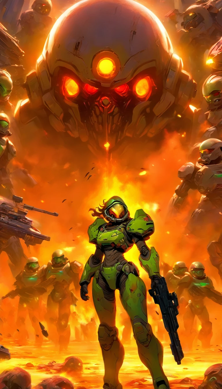 There was a woman holding a gun in front of a spaceship, ruined empire on the background, official character art, 《Doom:everlasting》Zombies in , orianna, C - 3 P 0 painting, inspired by Sargent Johnson, heaven planet in background, Juno promotional image, full helmet