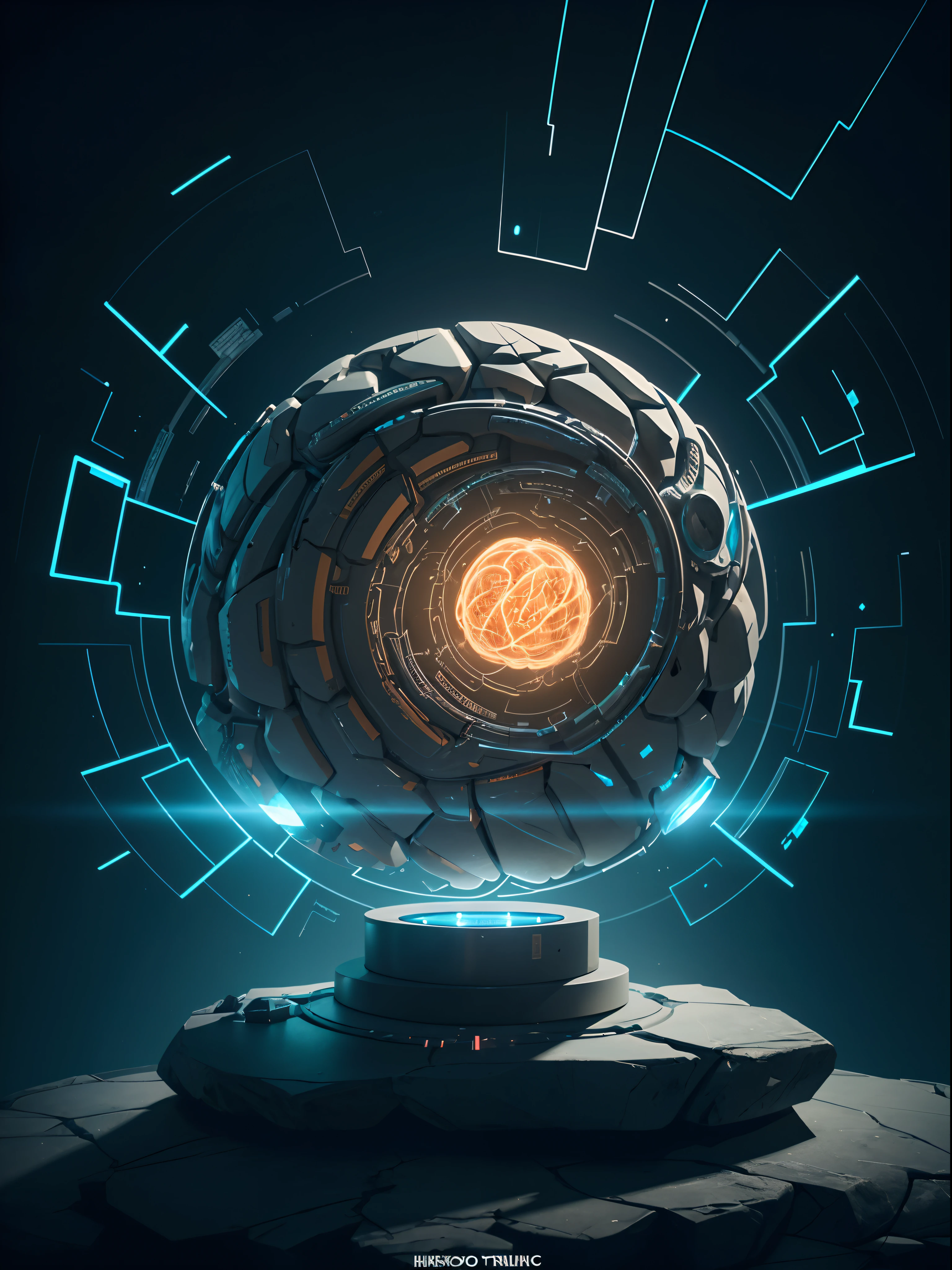 "Cinematic perspective of a cybernetic human brain, jars and tubes connecting it to a hovering robotic arm precisely chiseling shapes into a stone tablet, sculpting an idea directly from the brain as you can see the thought patterns pulsing through neuron links, intricately detailed, volumetric lighting, atmospheric, Octane render"