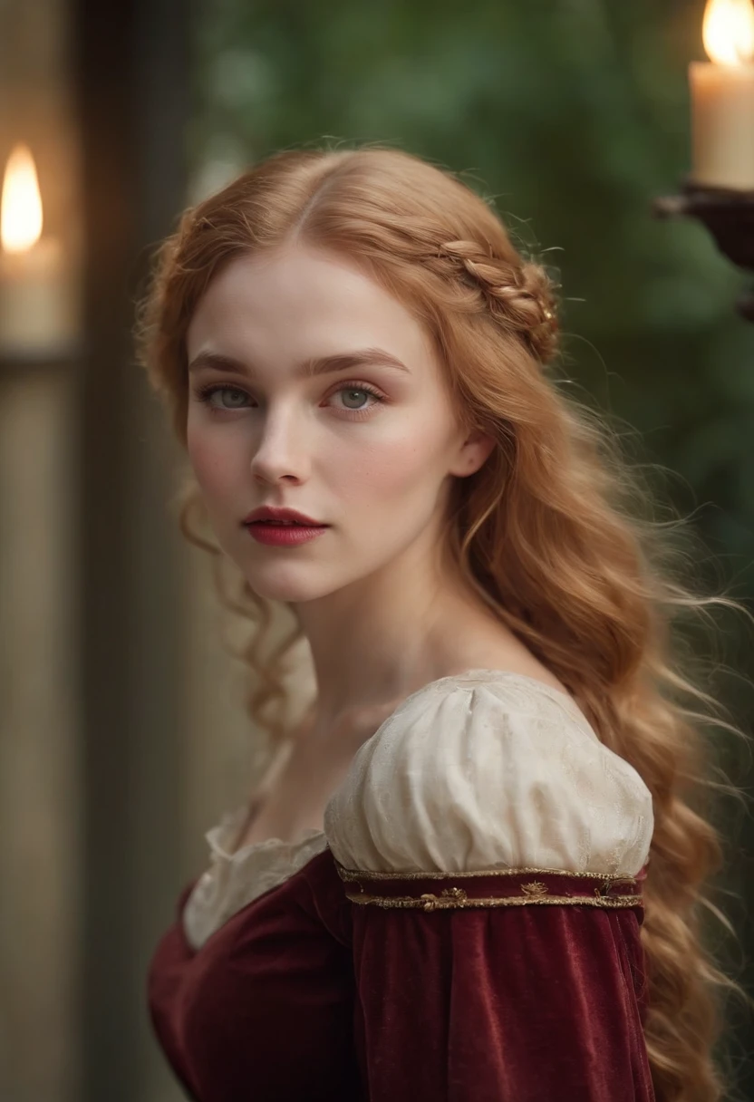 (((a deep reddish wound crosses her left cheek))) fair complexion, woman around 19 years old, natural yellow hair, distinctive green eyes, wearing dress, slender and graceful, beautiful, candlelight in a medieval setting, ultra sharp focus, realistic shot, medieval female clothes, tetradic colors (scar:1.4)