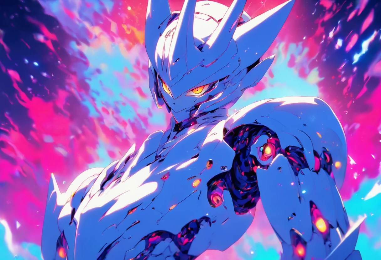lunar themed attire, super glitched, chrome outfit, profile picture 1024px, white scary skin, smooth white tight clothes suit, fully robotic!! catboy,subtle glitches, clear outfit design, an aesthetic!, robot monster in background