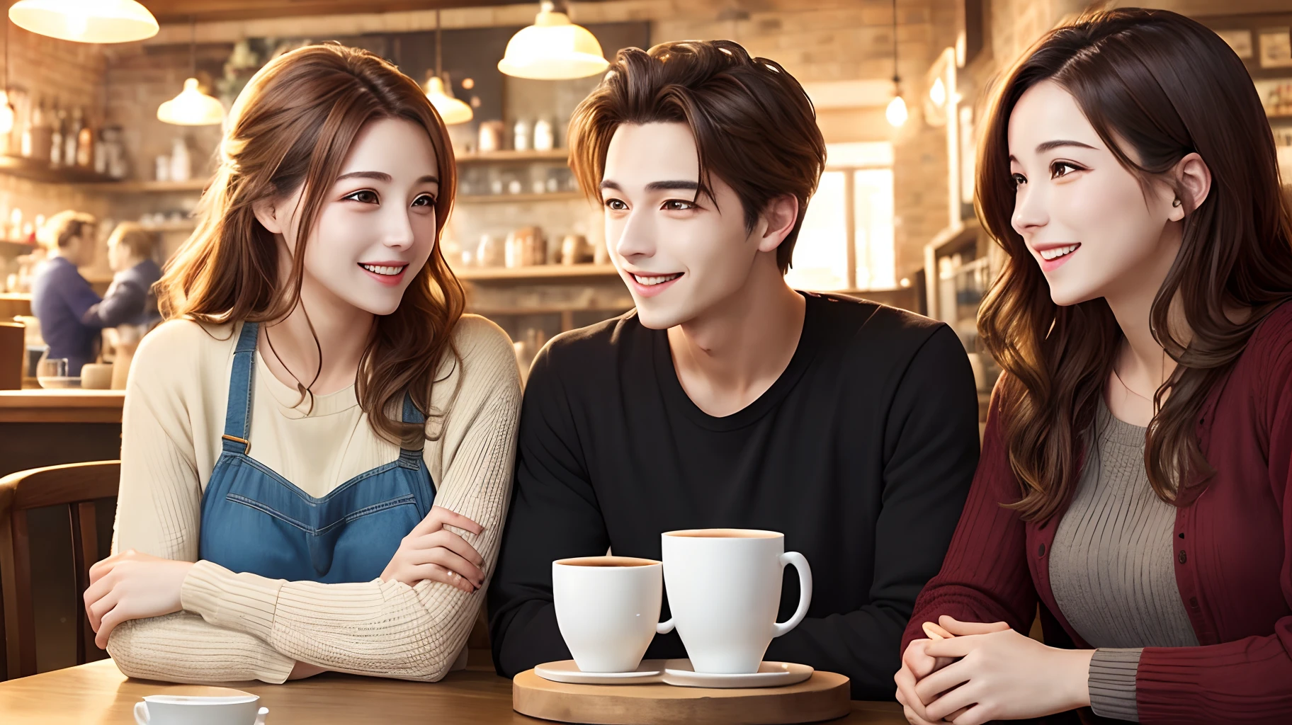 Cafe Scene
((Many male and female couples))、Warm atmosphere、4K、(Top image quality)、(masutepiece)、The images are ultra-realistic、Her expression is bright and happy.、