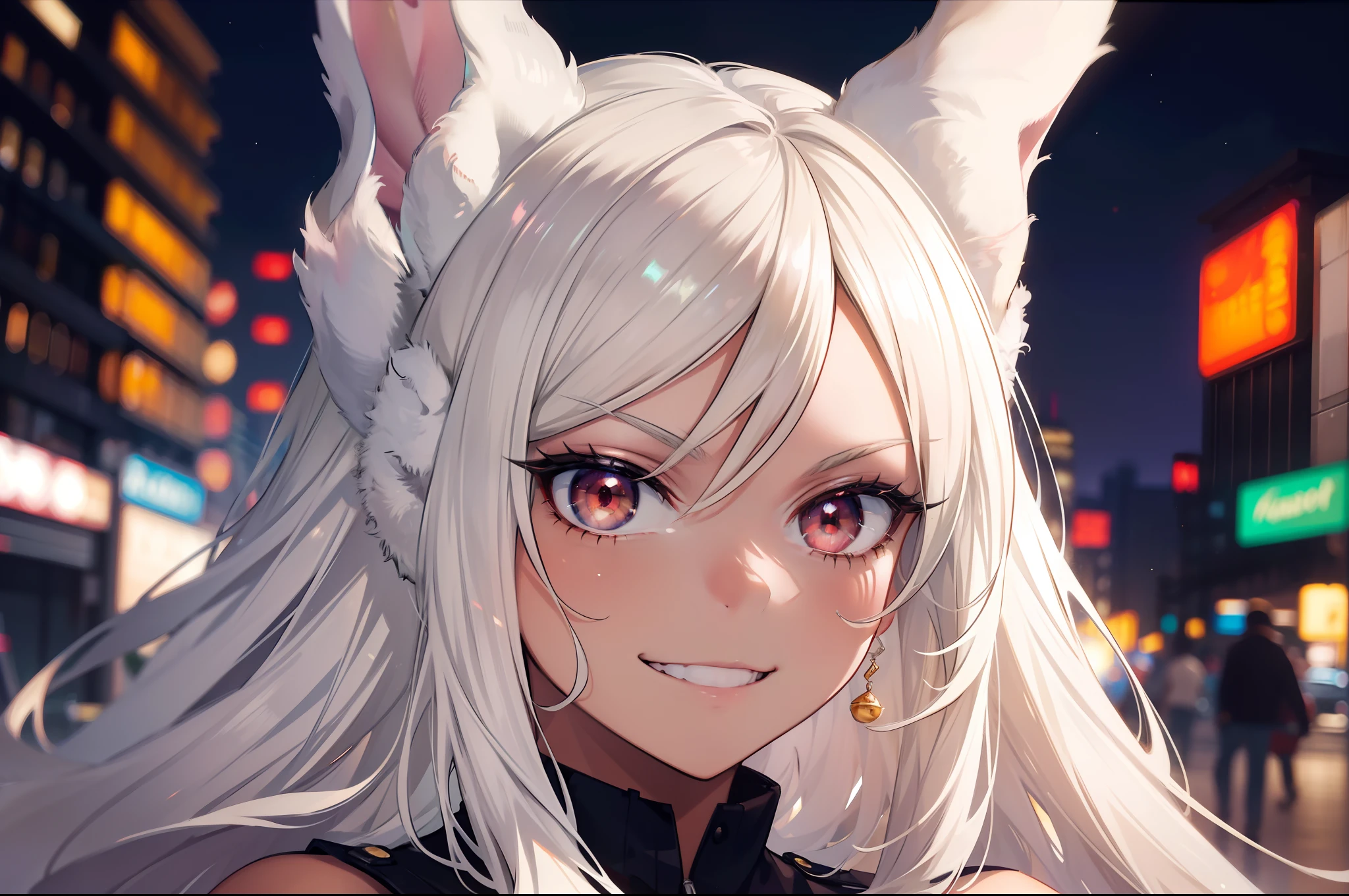 Masterpiece,masterpiece, top-quality, hight resolution, 1girl in, 独奏, white hair, The long-haired ,Long hair,straight haired, Rabbit ears ,Rabbit ears , ((Brown skin , darkskinned)),brown skinned,Hanging eyes,Glaring eyes,Scary smile,Invincible smile, Bullish smile, Neon City, Night city,up of face,detailed face depiction,Beautiful facial features,dark sky,Turn to this,Depiction of beautiful faces, detailed face depiction,Focus on the face,