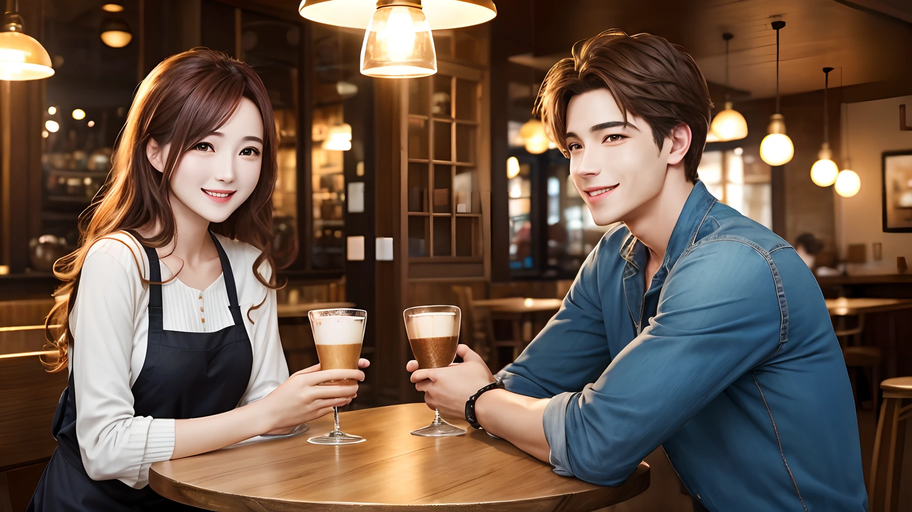 Cafe Scene
((Many male and female couples))、Warm atmosphere、4K、(Top image quality)、(masutepiece)、The images are ultra-realistic、Her expression is bright and happy.、