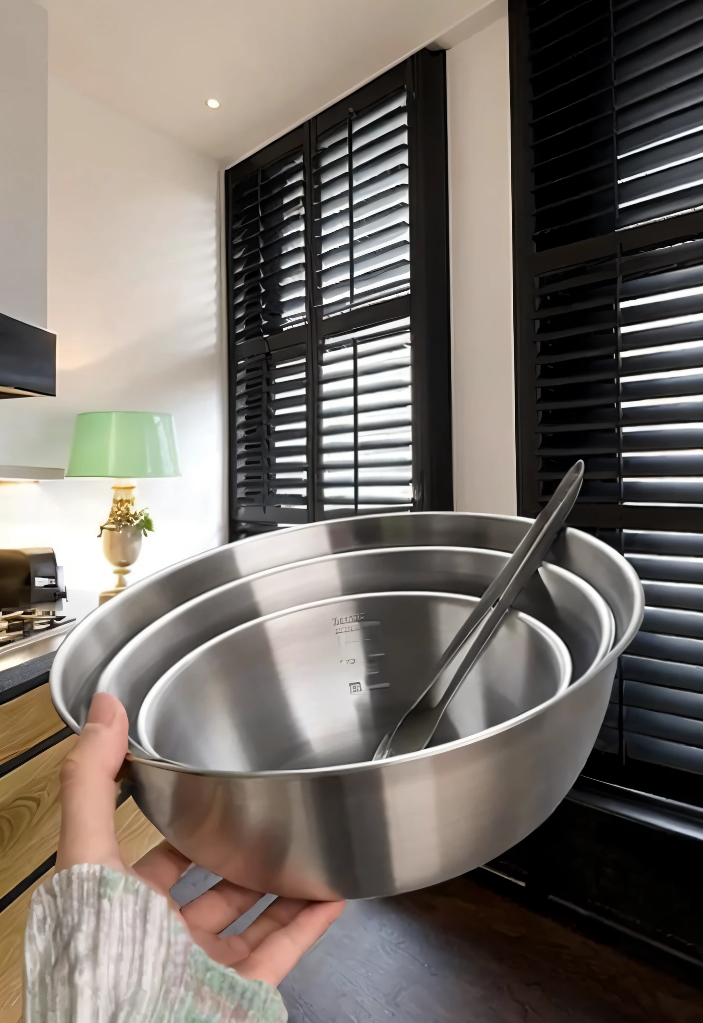 There was a man holding a bowl,There are spoons inside, metal kitchen utensils, window shutters, Metal shutters, Metal shutter, made of brushed steel, stainless steal, stainless steel, 3 4 5 3 1, stunning visuals, precision, blend, mind-blowing detail, Perfect detail, Jumpy, bars on the windows, aluminium, shiny crisp finish, professinal