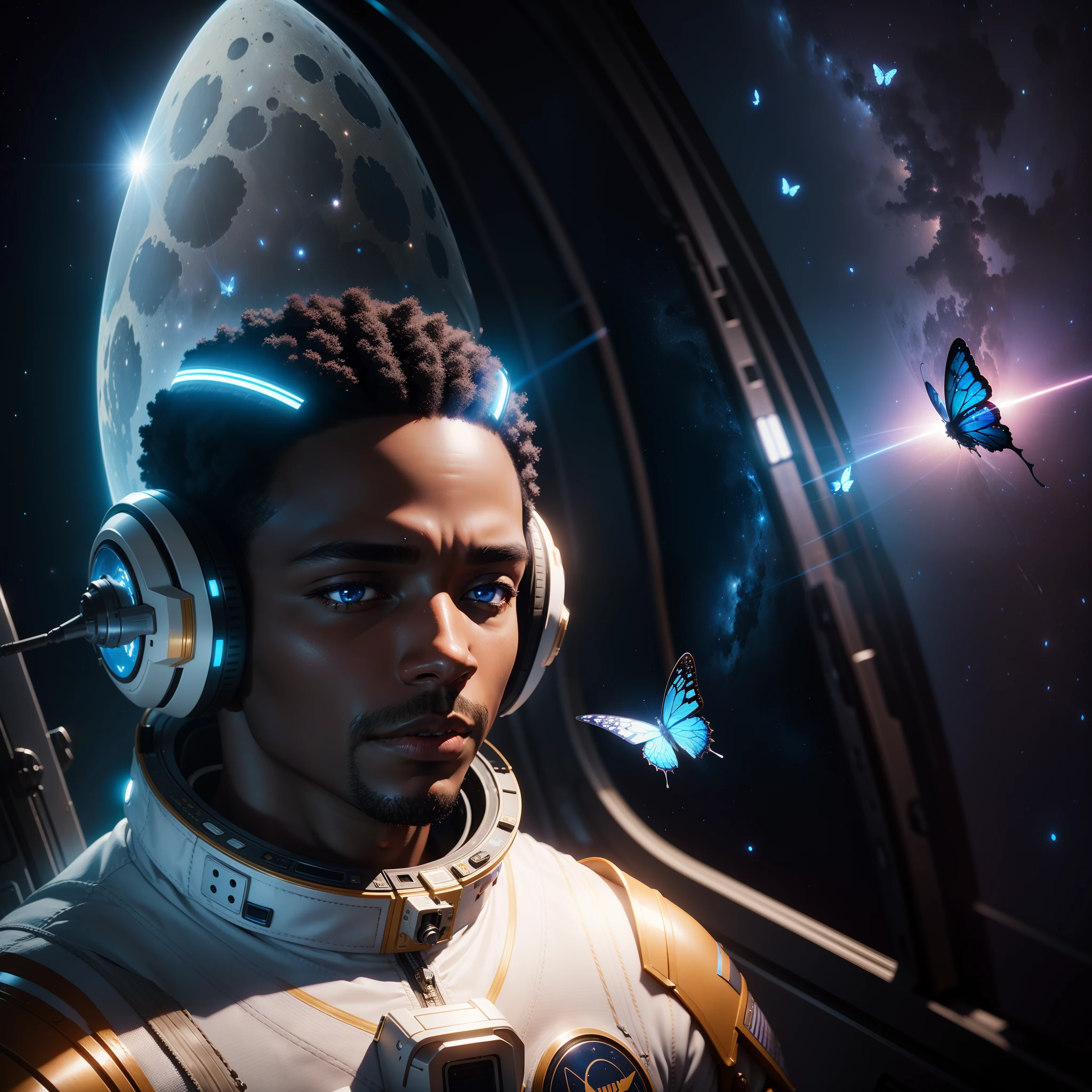 Black man astronaut in space with butterflies flying around him, blue moon in the background shining blue light in the scene, with iridescent light, 32k, ultra HD, unreal engine rendered, cinematic lighting, artgerm style, bright and vibrant colours, photorealistic image,