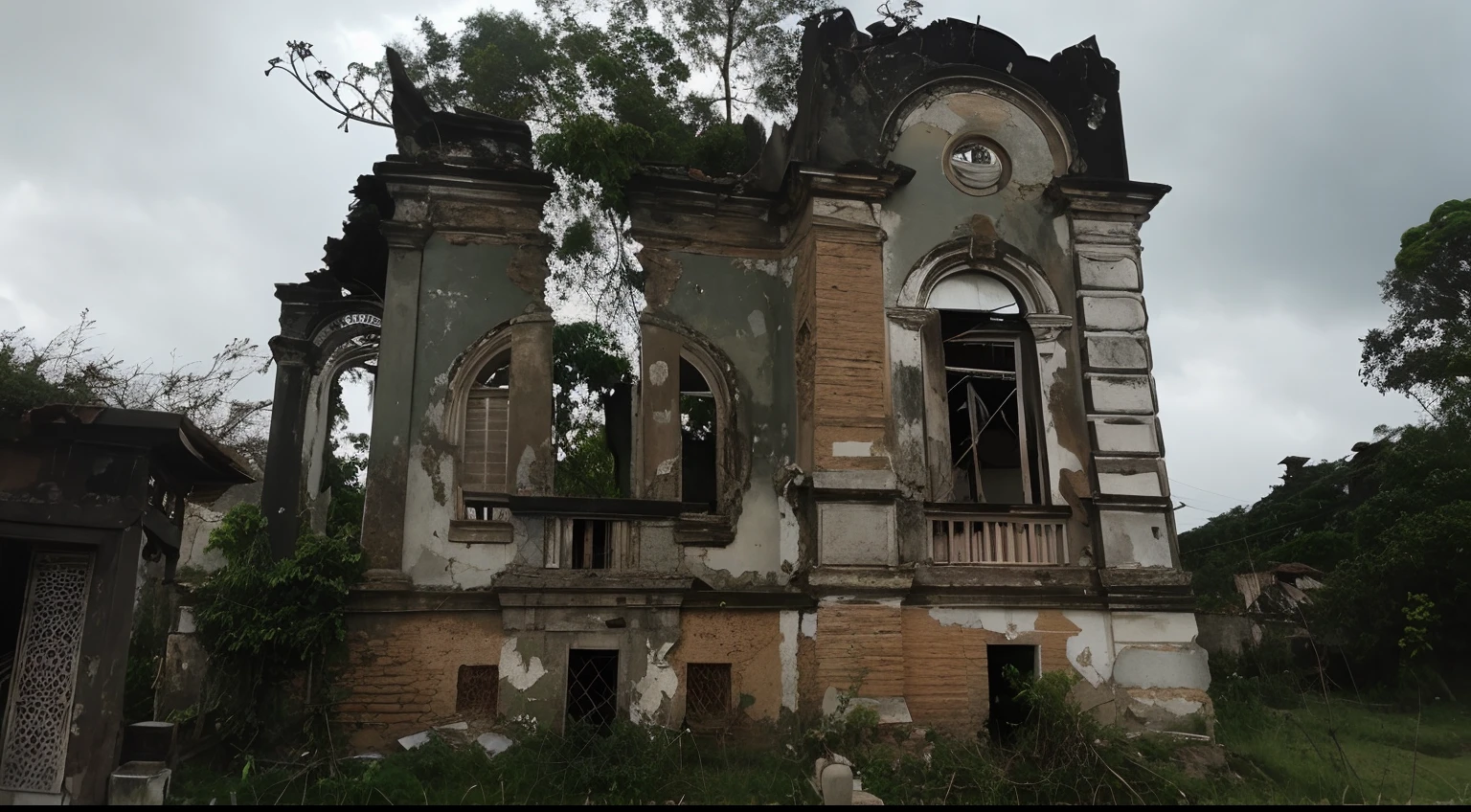 There is a very old building with a clock, Arquitetura arruinada, ancient ruins, old building, Church destroyed, ruined ruins, ornate city ruins, Dilapidated house, old abandoned building, ruined buildings, Crumbling buildings, an old abandoned mansion, Abandoned ruins, um velho abandonado, dilapidado, dilapidated houses, casa abandonada velha. Horror.