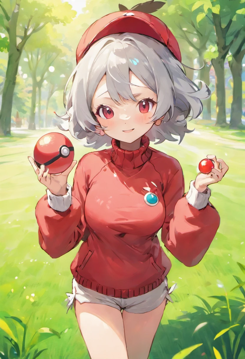 Hi-Res, 1womanl, 独奏,Holding a Poké Ball in Your Hands, grey eyes, white hair, Red glasses,Red baseball cap with small feathers, Red knitted turtleneck with long sleeves, White shorts, a belt, Grassy, deph of field, The best smile, Stick out the arm holding the poké ball, put hands on the hip