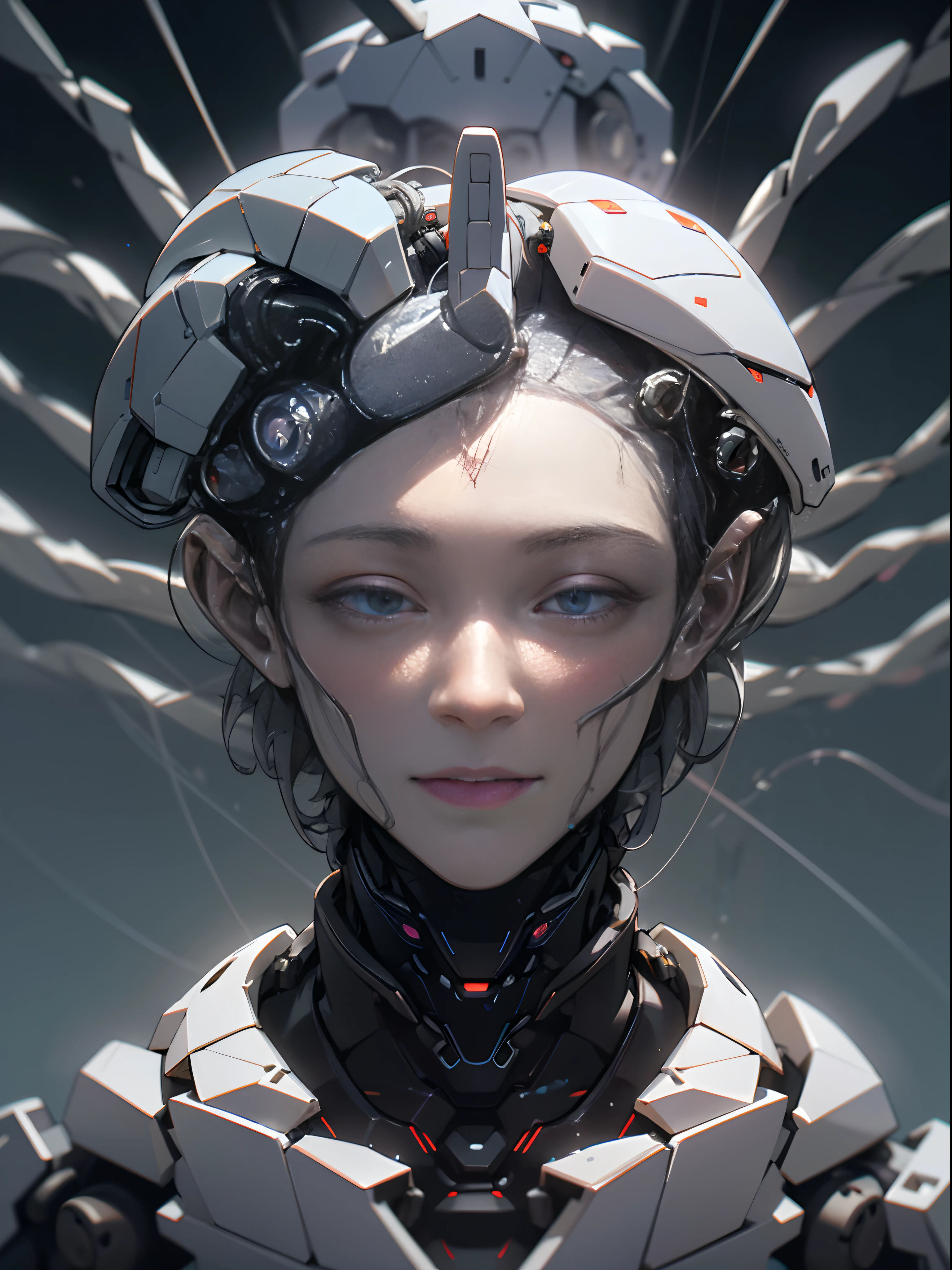 "Intricate 3D render of a robotic human head sliced in half diagonally, inner layers fading from metal to synthetic flesh to reveal complex neural wiring, pathways, and biocircuitry woven between carbon fiber supports, tiny robotic arms actively remodeling connections, matrix of laser lights reprogramming the neural net, volumetric lighting, Octane render, detailed"