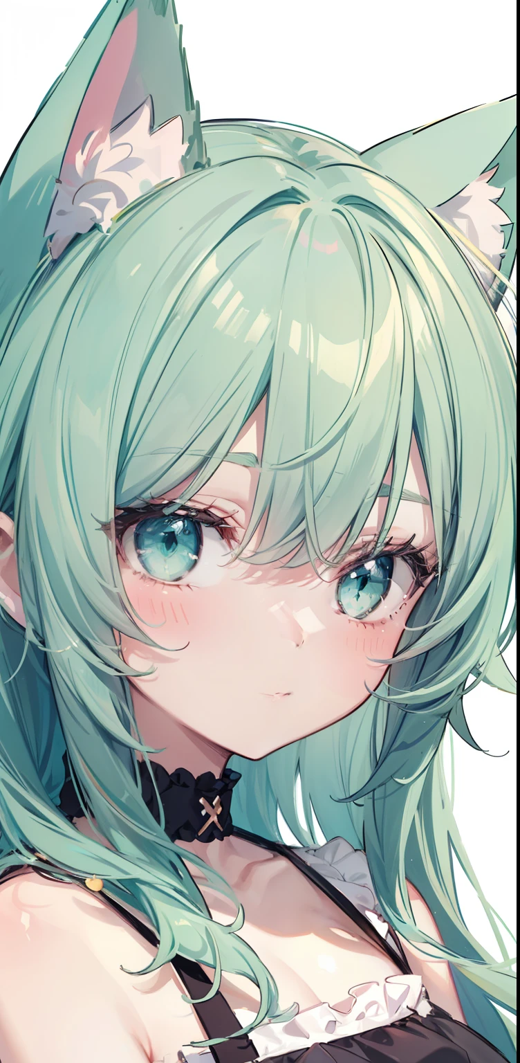 (sketch drawing), (close up), (age body), (pink cheeks), (green cat ears), (cute cat ears), (blue hair), (green eyes), (big hair) , (fringe), (details on the strands), (white background),