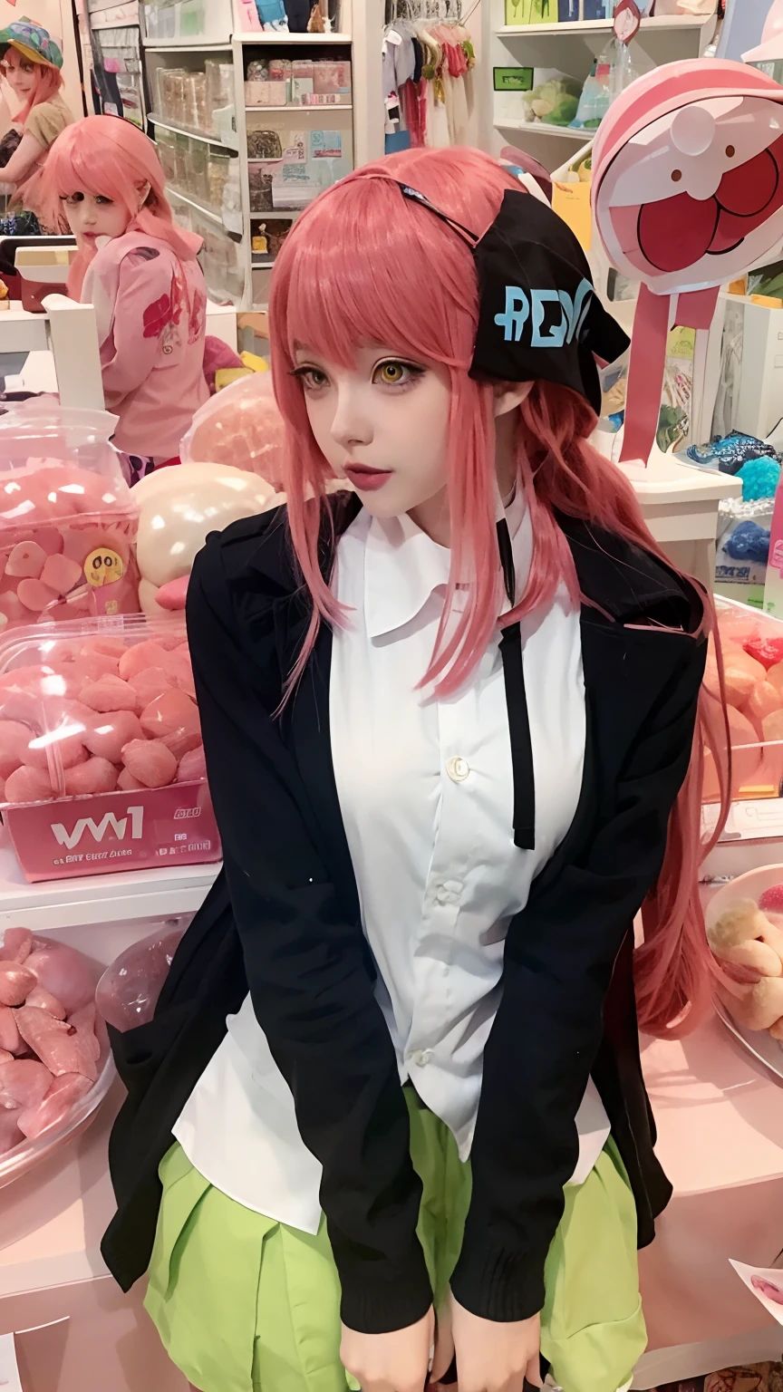 In a store with a lot of hats and other items,There is Arakfi, pink twintail hair and cyan eyes, Anime girl cosplay, Anime girl in real life, rena nounen style 3/4, 1 7 - - old me goth girl, Anime cosplay, wearing pink hair bow, Junko Enoshima, as an anime character, Anime waifu,ultra-realistic realism,Real eyes,Good-looking silkworm