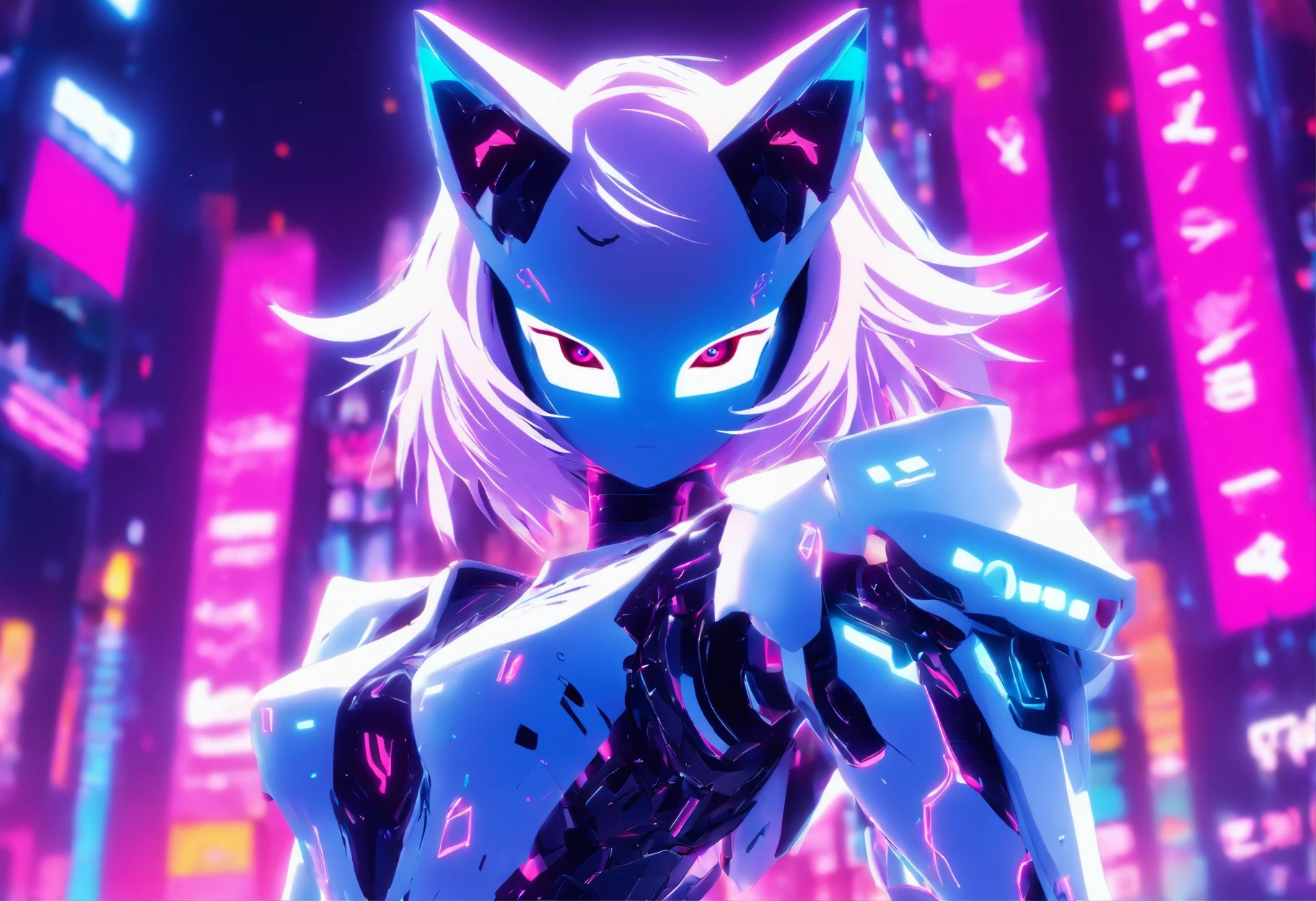 roblox avatar, lunar themed attire, super glitched, chrome outfit, profile picture 1024px, roblox screenshot, roblox, white scary skin, smooth white tight clothes suit, fully robotic!! catgirl, subtle glitches, clear outfit design, an aesthetic!, robot monster in background