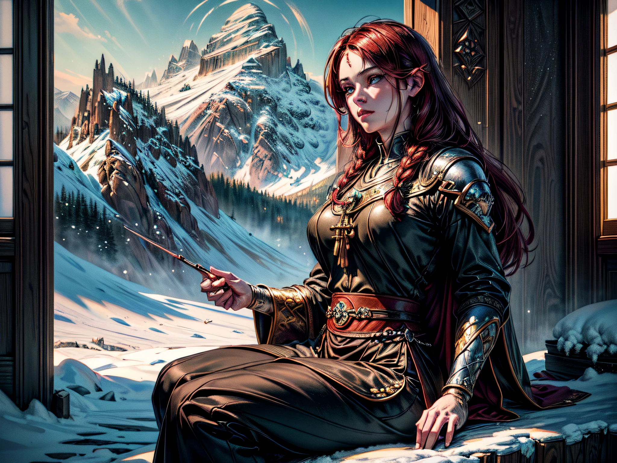 zrpgstyle fantasy art, photorealistic, D&D art, larry elmore style, a picture of a female monk sitting and meditating on a snowy mountain, on top of a snowy mountain there is a human woman monk wearing monk garbs, meditating near a bonfire on top of the snowy mountain, red hair, long hair, full body (best details, Masterpiece, best quality :1.5), ultra detailed face (best details, Masterpiece, best quality :1.5), ultra feminine (best details, Masterpiece, best quality :1.5), exquisite beautiful (best details, Masterpiece, best quality :1.5) red hair, long hair, braided hair, pale skin, blue eyes, intense eyes, ultra best realistic, best details, best quality, 16k, [ultra detailed], masterpiece, best quality, (extremely detailed), ultra wide shot, photorealism, depth of field, hyper realistic painting,