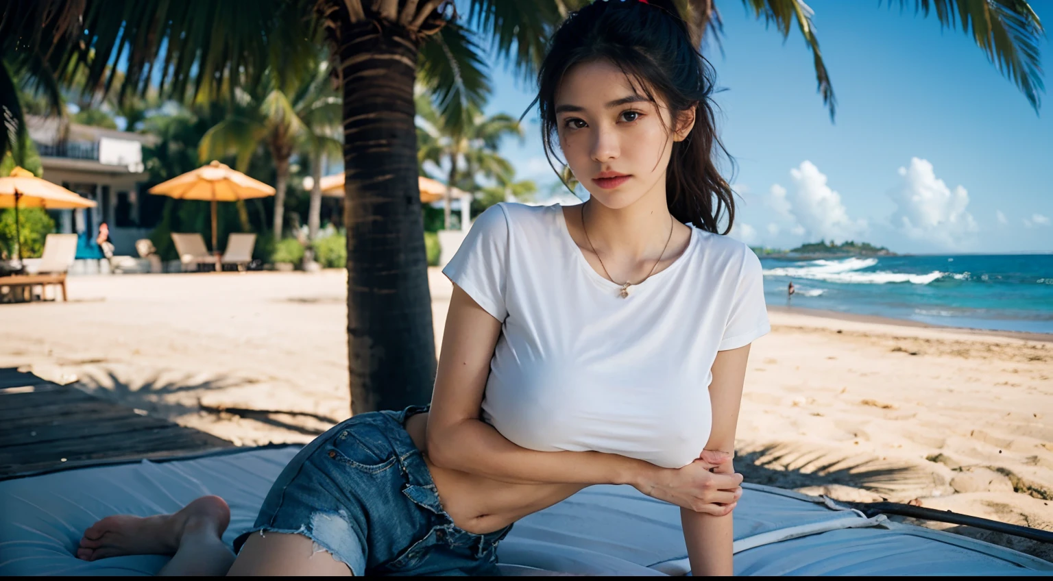 、((addielyn))、Random posture、(extremely delicate and beautiful work)、(master masterpiece)、1 Girl、Very delicate and elegant Hee-style T-shirt with ripped shorts、highly detaild、distorted ponytail、charming look、beautiful and clear eyes、green pupil、delicate necklace、delicate earrings、Simple blur background、Extreme detail、beautify、captivating、ultra-fine painting、a delicate face、Delicate body shape、Fine collarbones、beautiful lips、mix4、(8K、Raw-Photo、Top Quality、master masterpiece:1.2)、(Real、Realistis:1.37)、1 daughter、I want to hug you、saturated、Professional Lighting、photons mapping、radiosity、physics based rendering(physics based rendering(Physically Based Rendering))、Above the waist、large full breasts、valley、Lift your chest, ,Sunny weather, enormous breast, seaside, waves, palm tree, Wet white t-shirt and ripped shorts, Sunny weather, enormous breast, seaside, waves, palm tree, Wet white t-shirt and ripped shorts, Sunny weather, enormous breast, seaside, waves, palm tree, Wet white t-shirt and ripped shorts, Sunny weather, enormous breast, seaside, waves, palm tree, Wet white t-shirt and ripped shorts, Sunny weather, enormous breast, seaside, waves, palm tree, Wet white t-shirt and ripped shorts